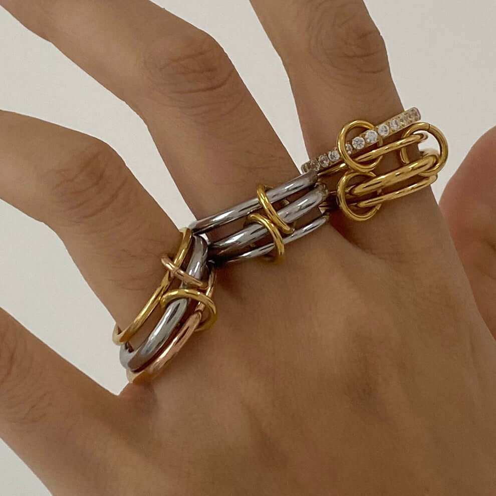 Two Tone Interlocking Layered Connected Plain Ring - Stackable Minimalist Jewelry for Women | JDR007 | Perfect for Everyday Wear, Gift Giving & Special Occasions