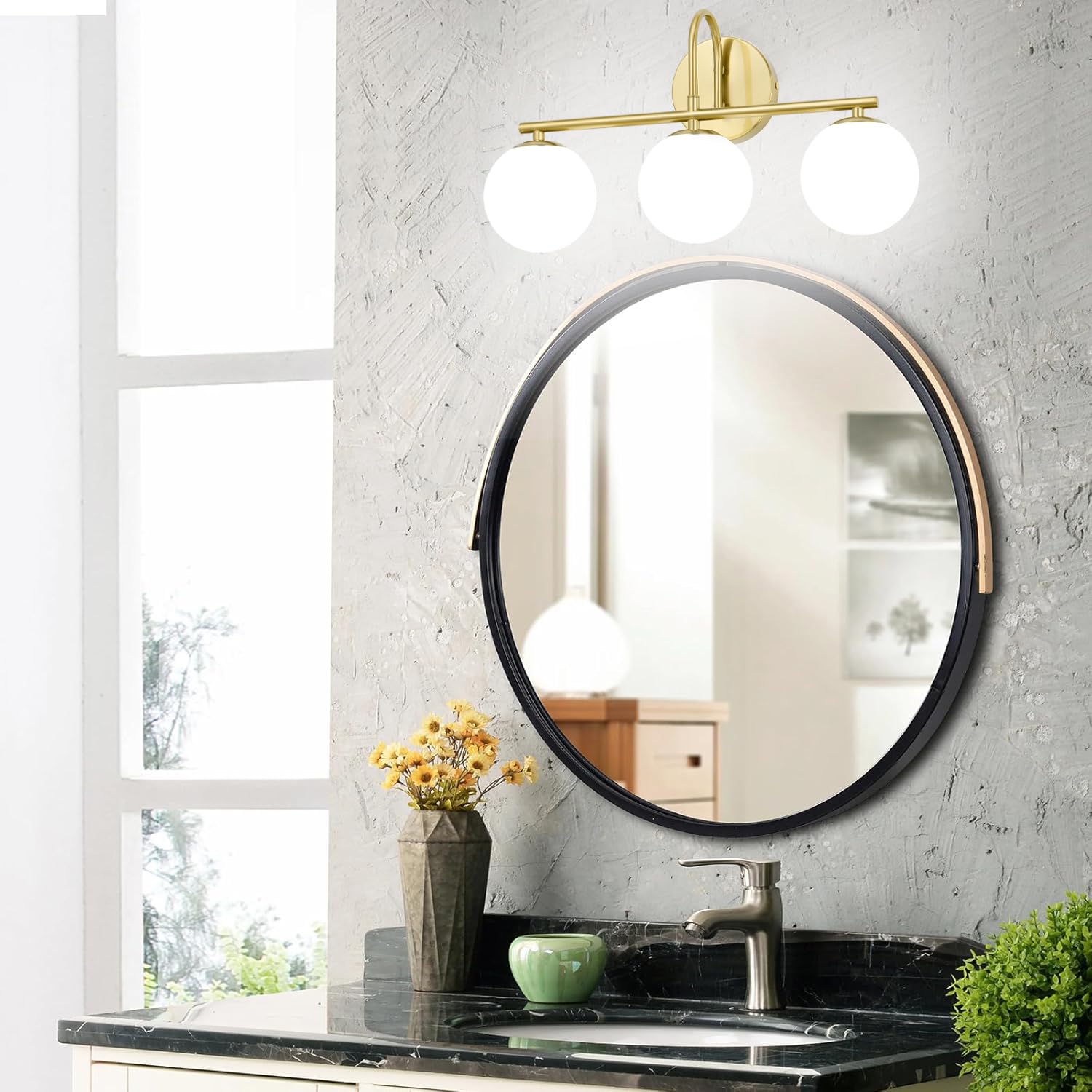 Modern Gold Bathroom Vanity Lights - 3-Light Brushed Gold Wall Sconces with Globe Glass Shade for Mirror Lighting | Waterproof Bathroom Fixtures for Home & Hotel Decor