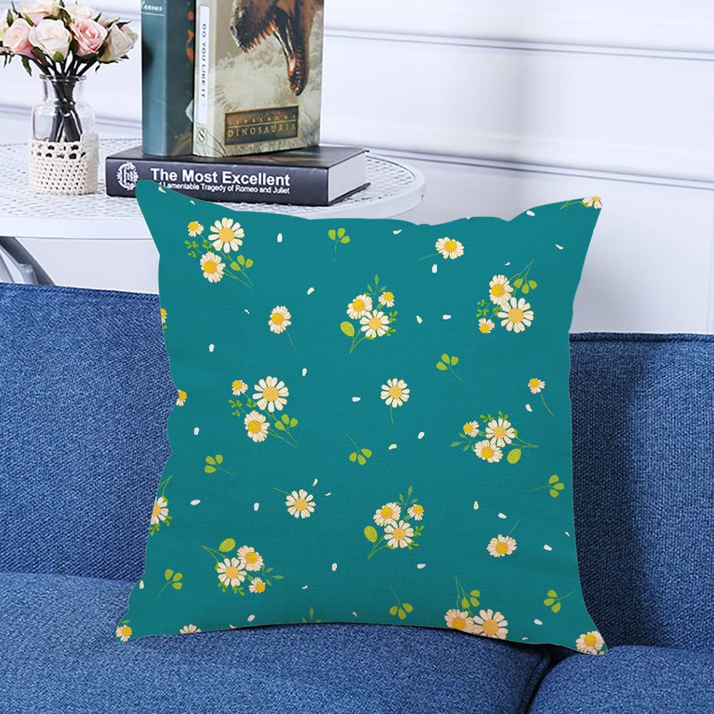 Decorative Square Throw Pillow Covers 18x18 Inch - Floral Daisy and Green Leaf Design for Sofa, Couch & Bed - Soft Cushion Cases for Living Room, Bedroom & Home Decor