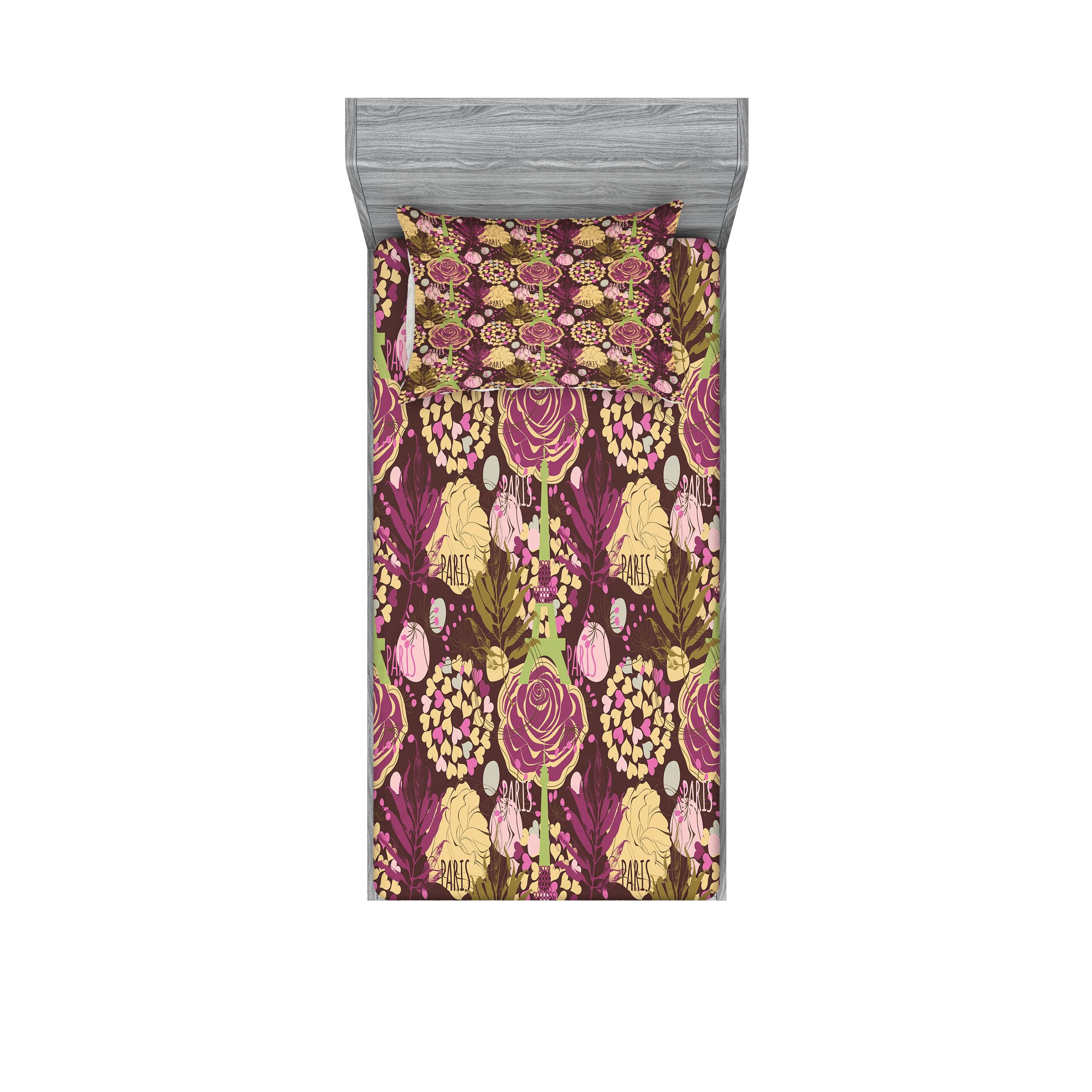 Ambesonne Modern Fitted Sheet & Pillow Sham Set - Paris Eiffel Tower Leaves Design with Maroon Background, 2-Piece Printed Bedding Decor for Twin Size in Pale Green & Purple | Perfect for Paris-Themed Bedrooms, Guest Rooms & Home Decor