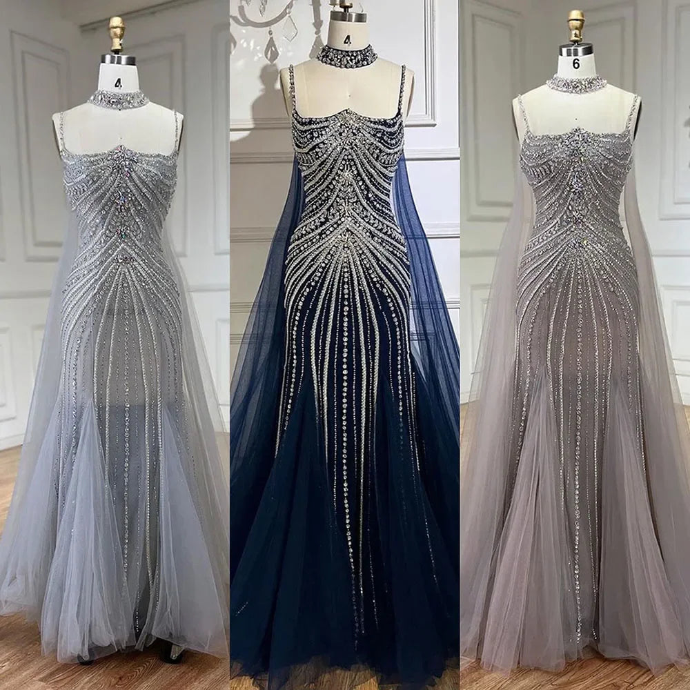 Serene Hill Blue Spaghetti Strap Long Mermaid Evening Gown with Beaded Lace-Up Detail - Elegant Formal Dress for Women's Wedding, Prom, Party & Special Occasions