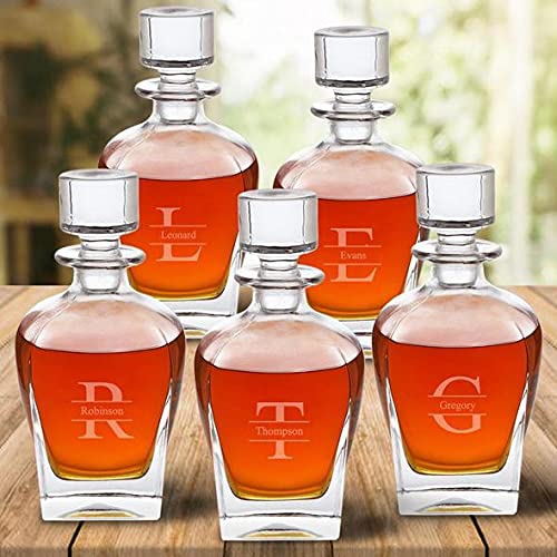 Personalized Decanter Set for Men - Custom Engraved Whiskey Decanters (Set of 5, 24 oz Antique) - Unique Groomsmen Proposal Gifts for Weddings, Bachelor Parties & Special Occasions
