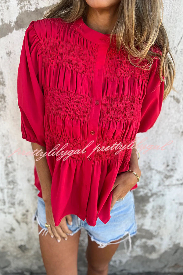 Solid Color Round Neck Button Pleated Short Sleeve Casual Shirt for Women - Summer Office Wear & Weekend Outfits