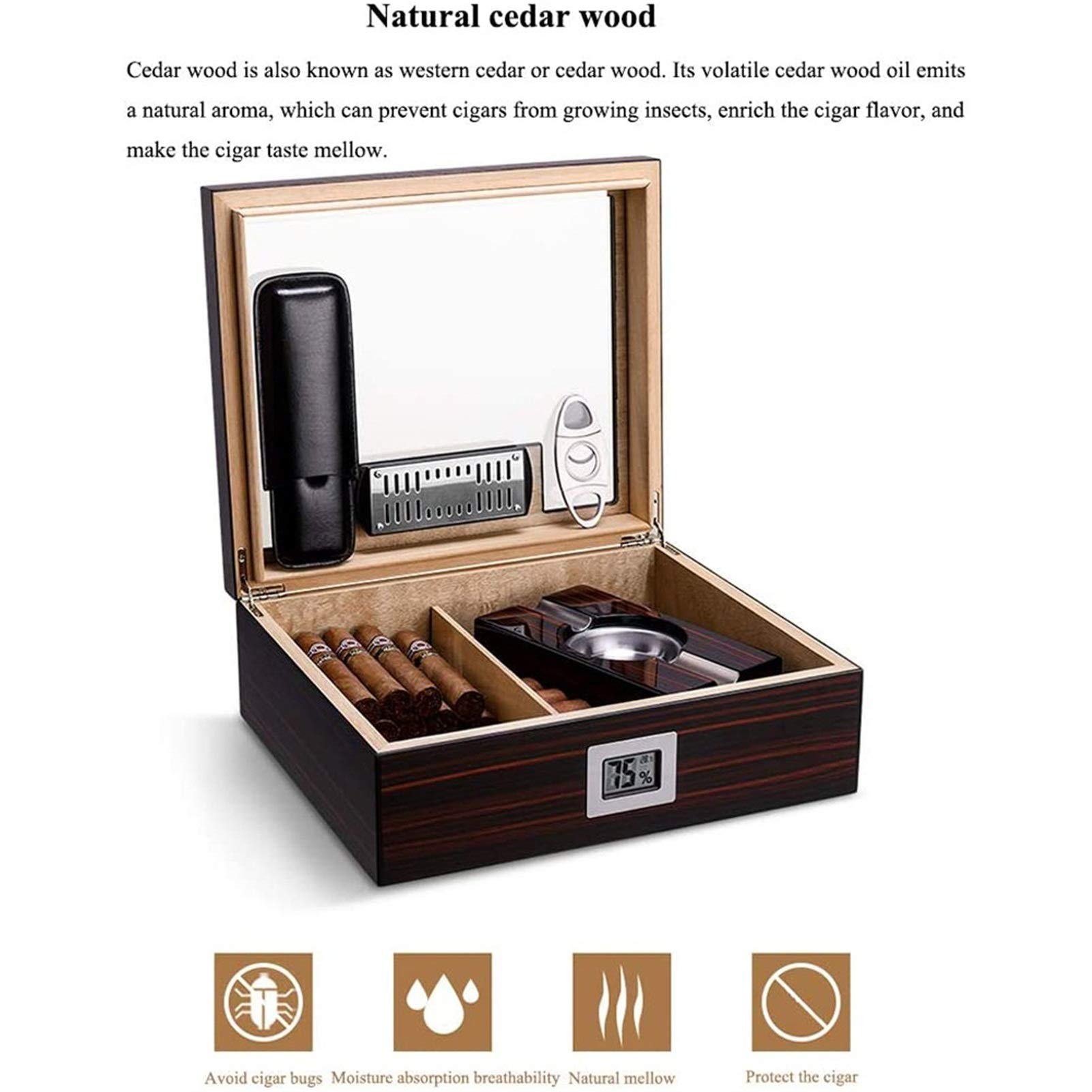 Premium TSWEET Desktop Cigar Humidor - Cedar & Leather Cigar Storage Box with Air-Tight Seal, Glass Hygrometer & Rectangle Humidifier - Holds 25-50 Cigars - Perfect for Home, Office or Gifts for Cigar Enthusiasts