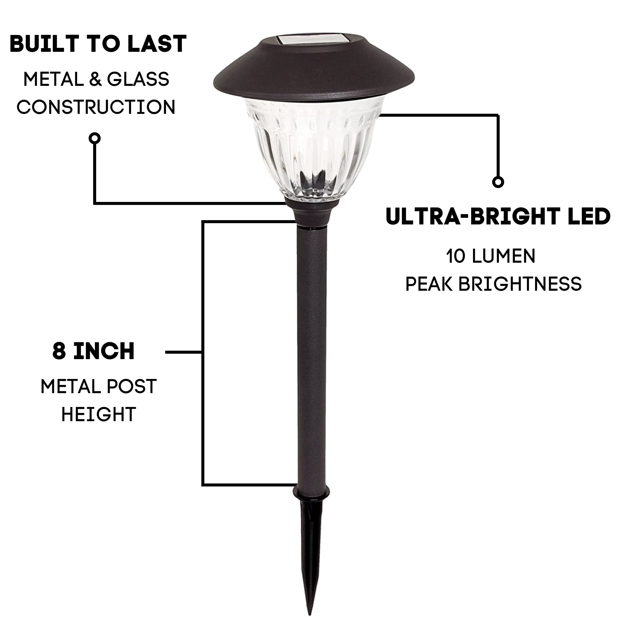 Energizer LED Solar Pathway Lights - 10 Pack Gunmetal Outdoor Solar Lights - IP65 Waterproof with Auto On/Off - Durable Patterned Glass & Metal Construction - Perfect for Garden, Walkway, and Driveway Lighting