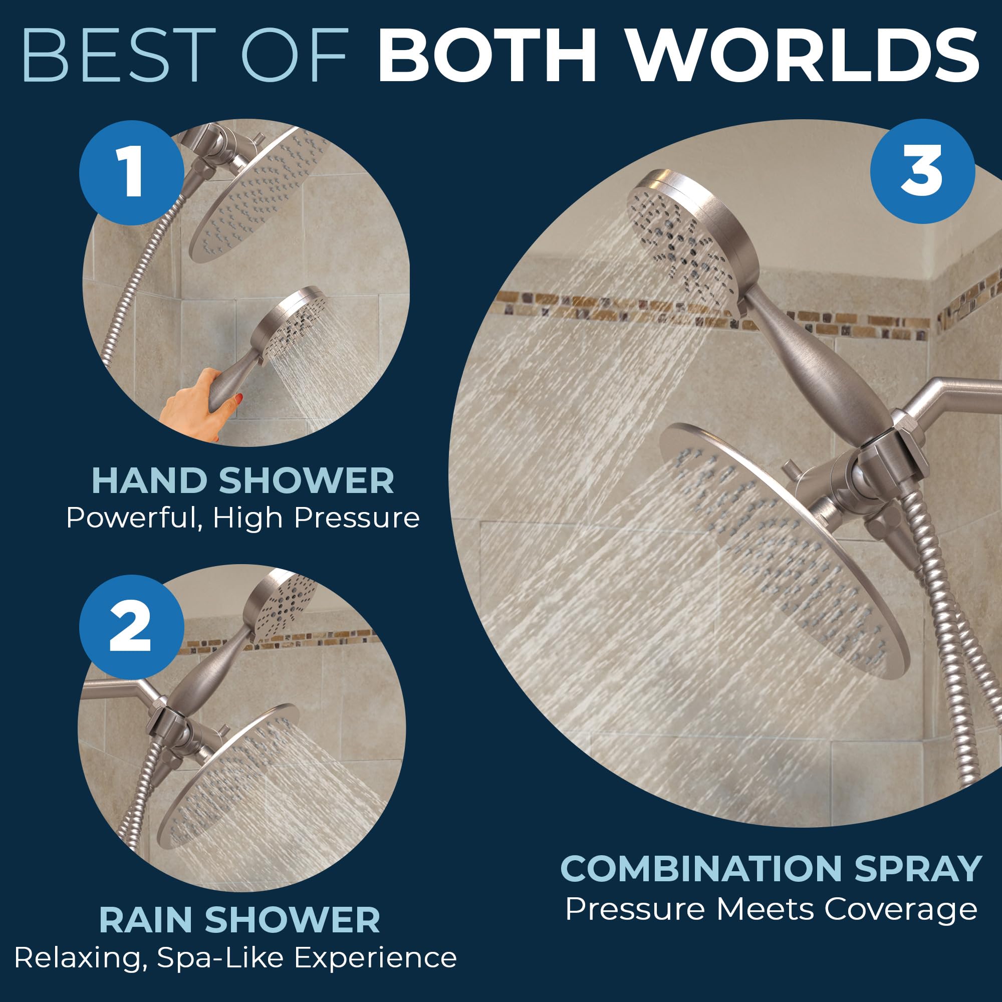 HammerHead Showers® All Metal Dual Shower Head Combo - Brushed Nickel - 8 Inch Rainfall High Flow Shower Head & 3-Setting Handheld Shower with 6ft Hose - High Pressure Luxury Bathroom Upgrade for Spa-Like Experience