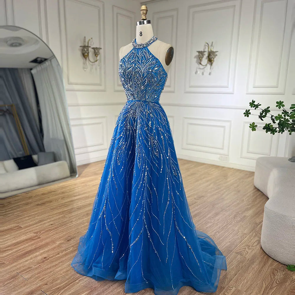 Elegant Blue Arabic A-Line Halter Gown - Luxury Dubai Evening Dress for Women | Wedding, Party & Special Occasion Wear | 2025 Fashion LA72302