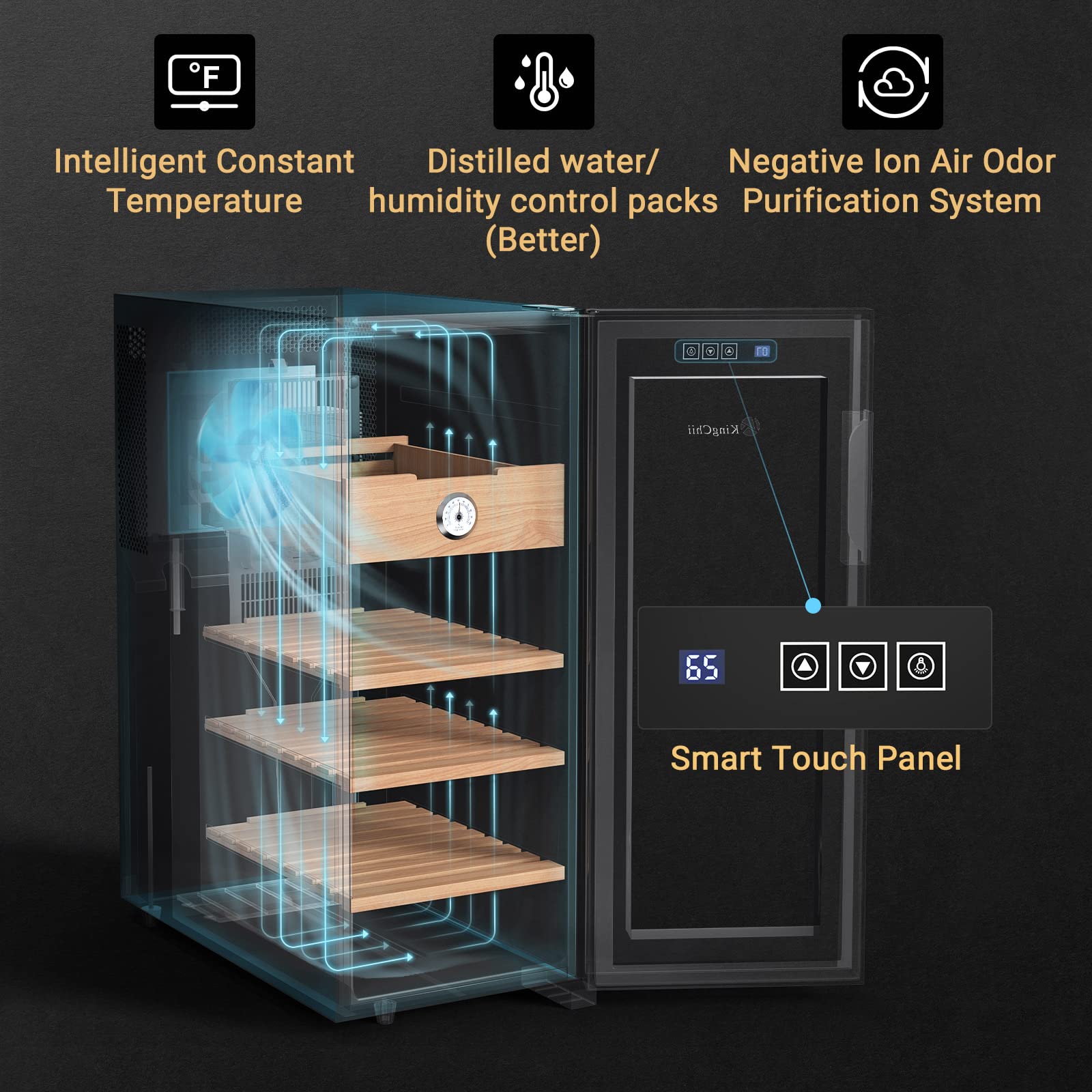 KingChii 33L Electric Cigar Humidor Cabinet with Spanish Cedar Wood Shelves & Digital Hygrometer - Temperature & Humidity Control for 250 Cigars - Perfect Cigar Storage for Home, Office, or Man Cave Gifts for Men