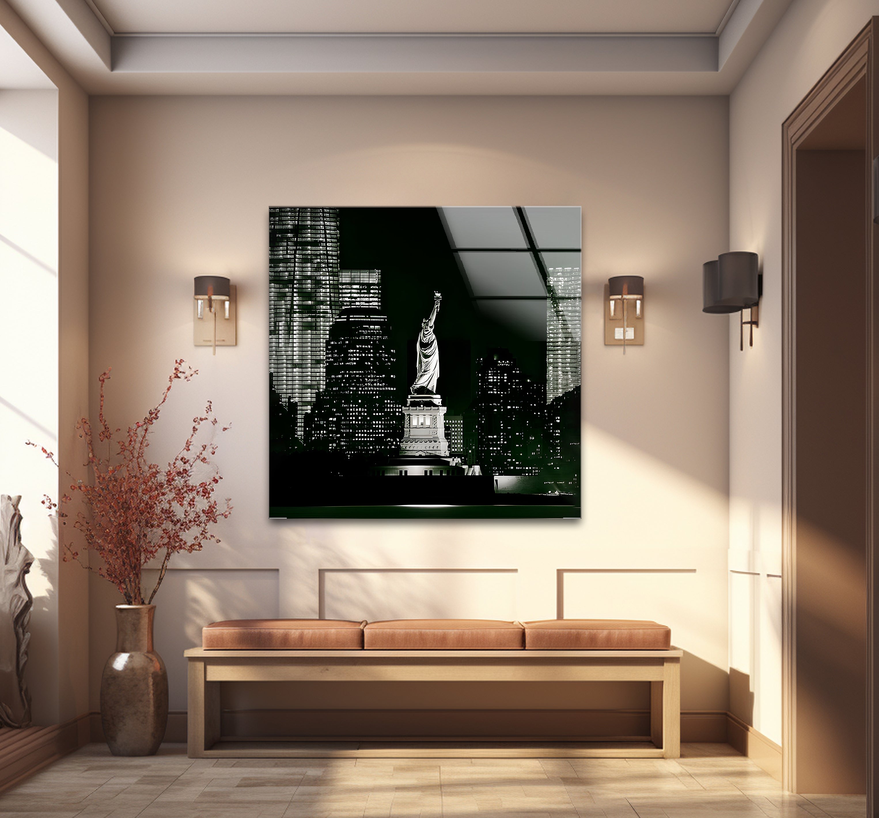 Black & White Statue of Liberty Glass Wall Art - Elegant Home Decor for Living Room, Office & Gifts - USA Patriotic Souvenir & New York Themed Interior Design