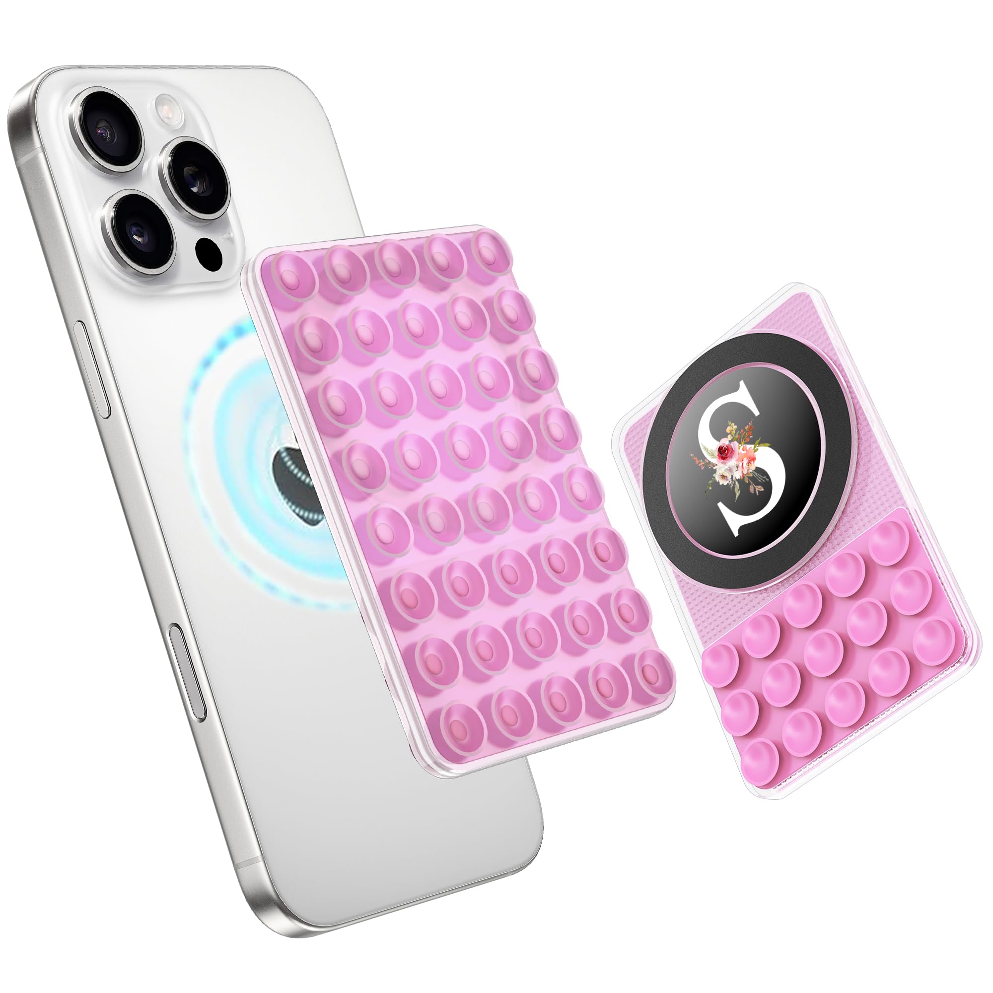 Magnetic Suction Cup Phone Mount for iPhone & Android - Silicone Sticky Grip with Magnetic Ring, Double Sided Suction Phone Holder for Selfies, Videos & TikTok (Pink Floral Design) - Perfect for Car Dashboard, Office Desk & Hands-Free Video Calls