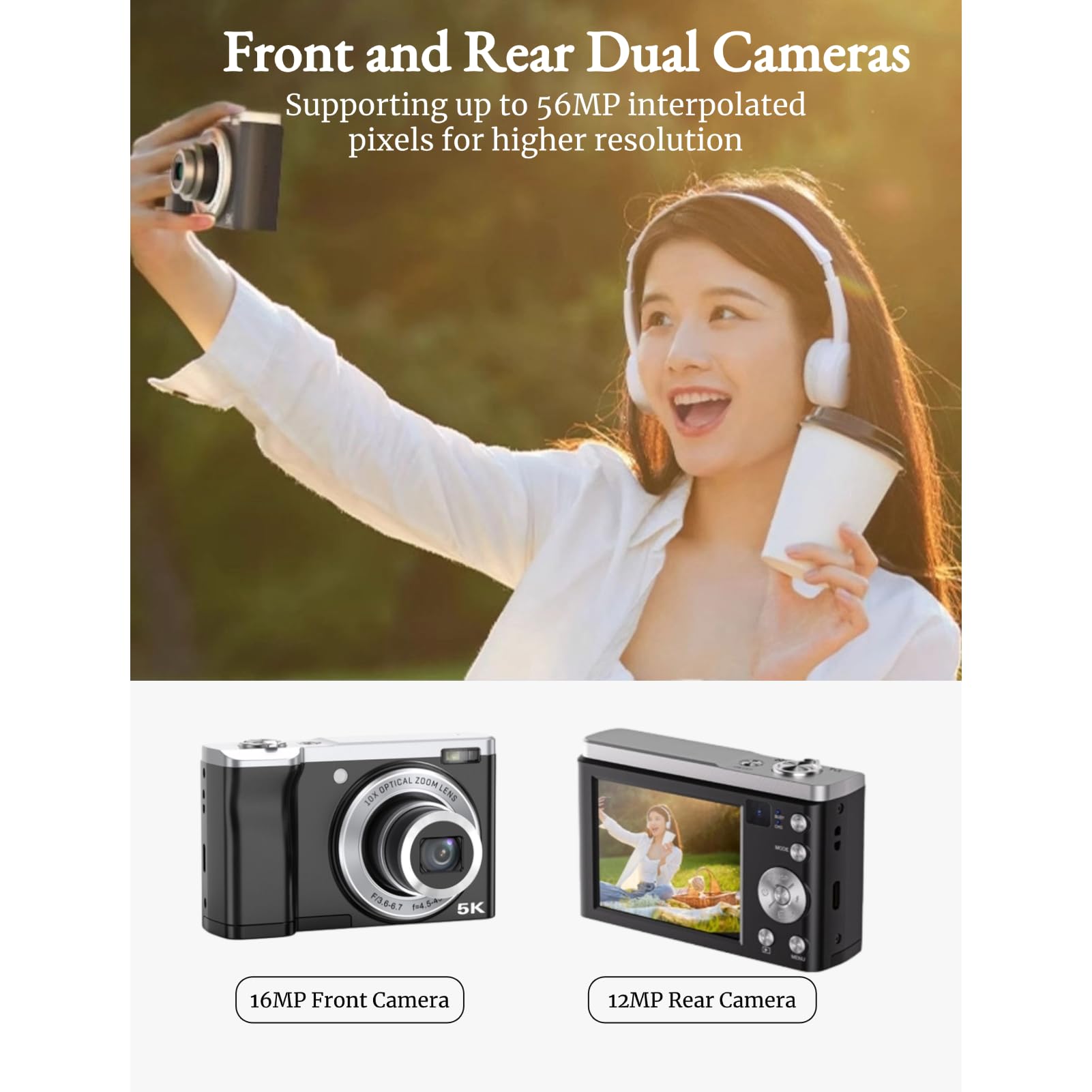 5K Digital Camera with 10x Optical Zoom & Anti-Shake | Touch Screen Autofocus Compact Camera | Portable Selfie Camera for Beginners | Perfect for Travel, Vlogging & Everyday Photography
