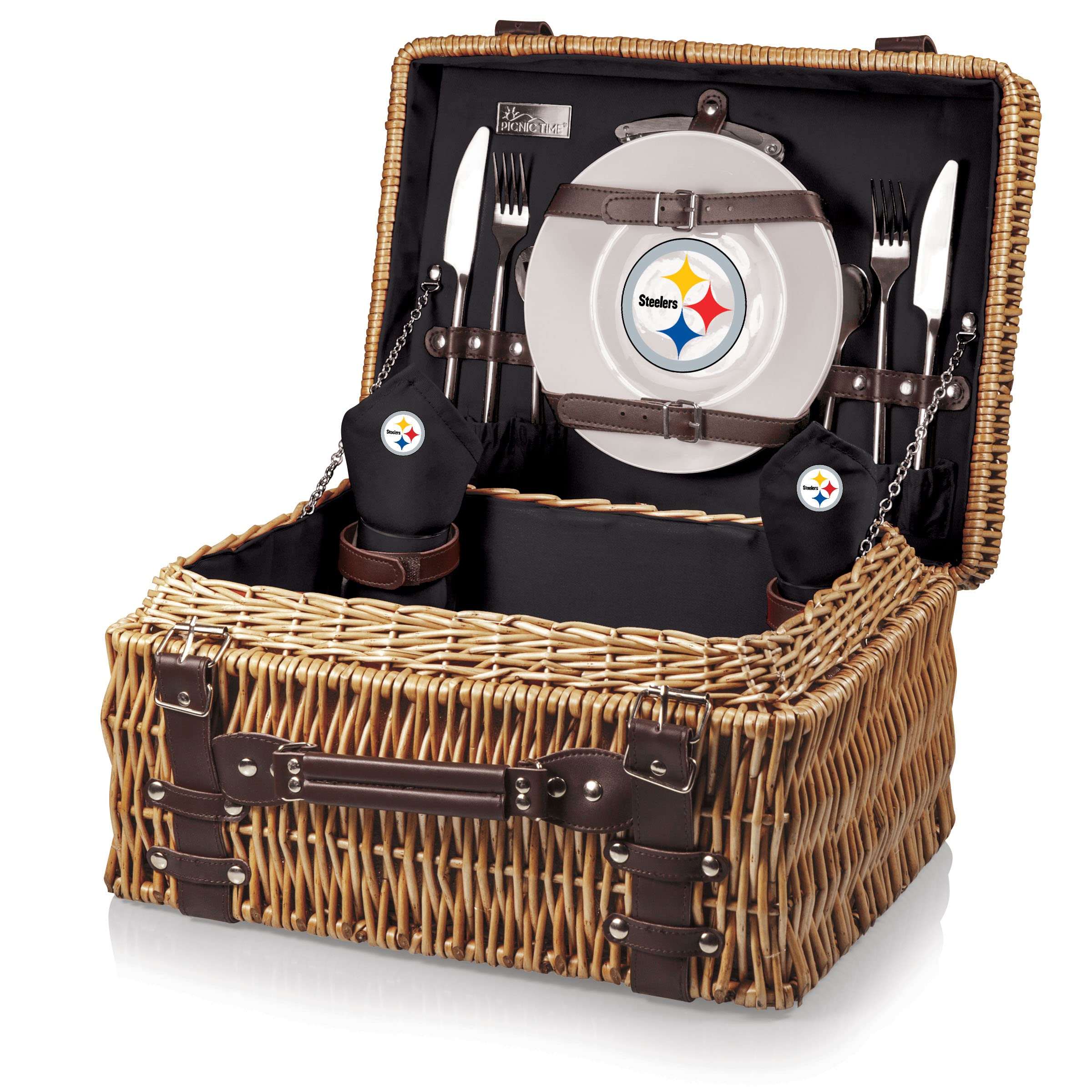 PICNIC TIME NFL Champion Picnic Basket for 2 - Woven Wicker Picnic Hamper with Complete 2-Person Set (Black/Brown) - Perfect for Outdoor Picnics, Tailgating & Game Day Gatherings
