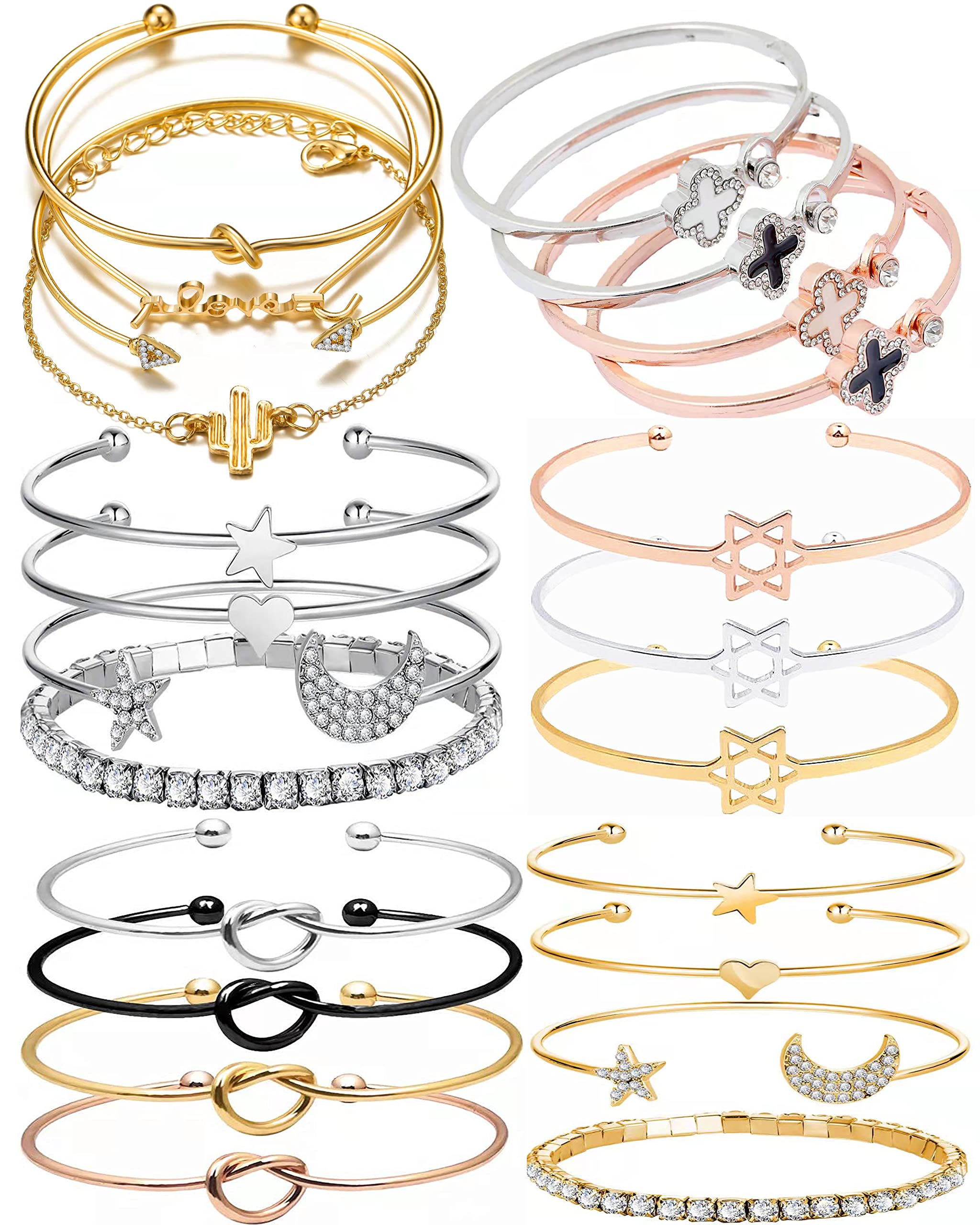 FMCAOFA 23PCS Stackable Open Cuff Bangle Bracelets for Women - Adjustable Gold, Silver & Rose Gold Layered Bracelet Set, Perfect for Gifts, Parties & Everyday Wear