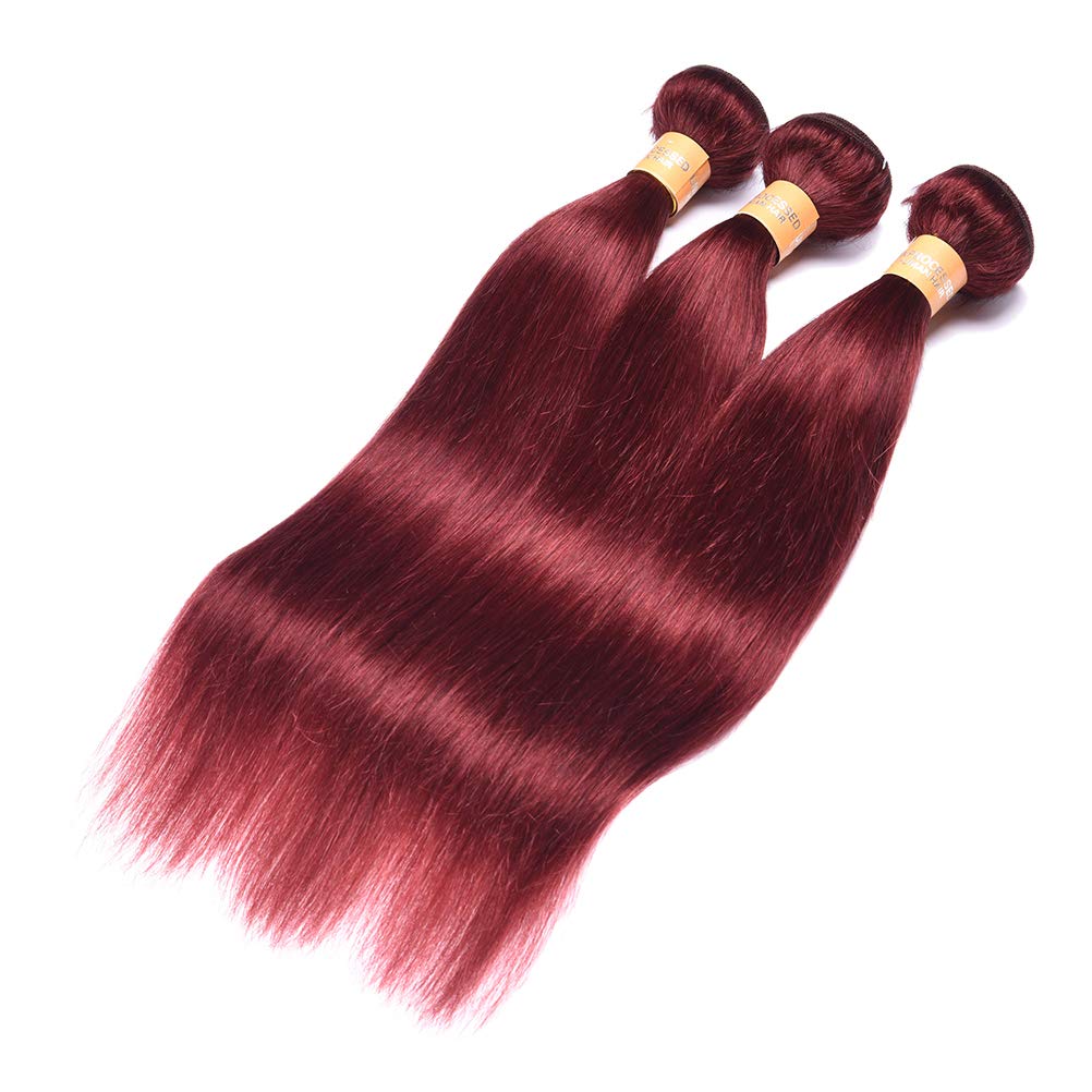 WOME Light Wine Red Hair Extensions - 3 Bundles Peruvian Virgin Human Hair #33 Silky Straight Wefts (12