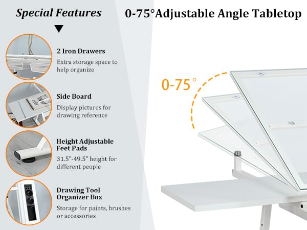 Olela Adjustable Height Drafting Desk with Tilting Tempered Glass Tabletop & Stool - Versatile Art Craft Painting Workstation for Artists, Designers & Hobbyists - Perfect for Drawing, Sketching, Painting & Home Office Workspace