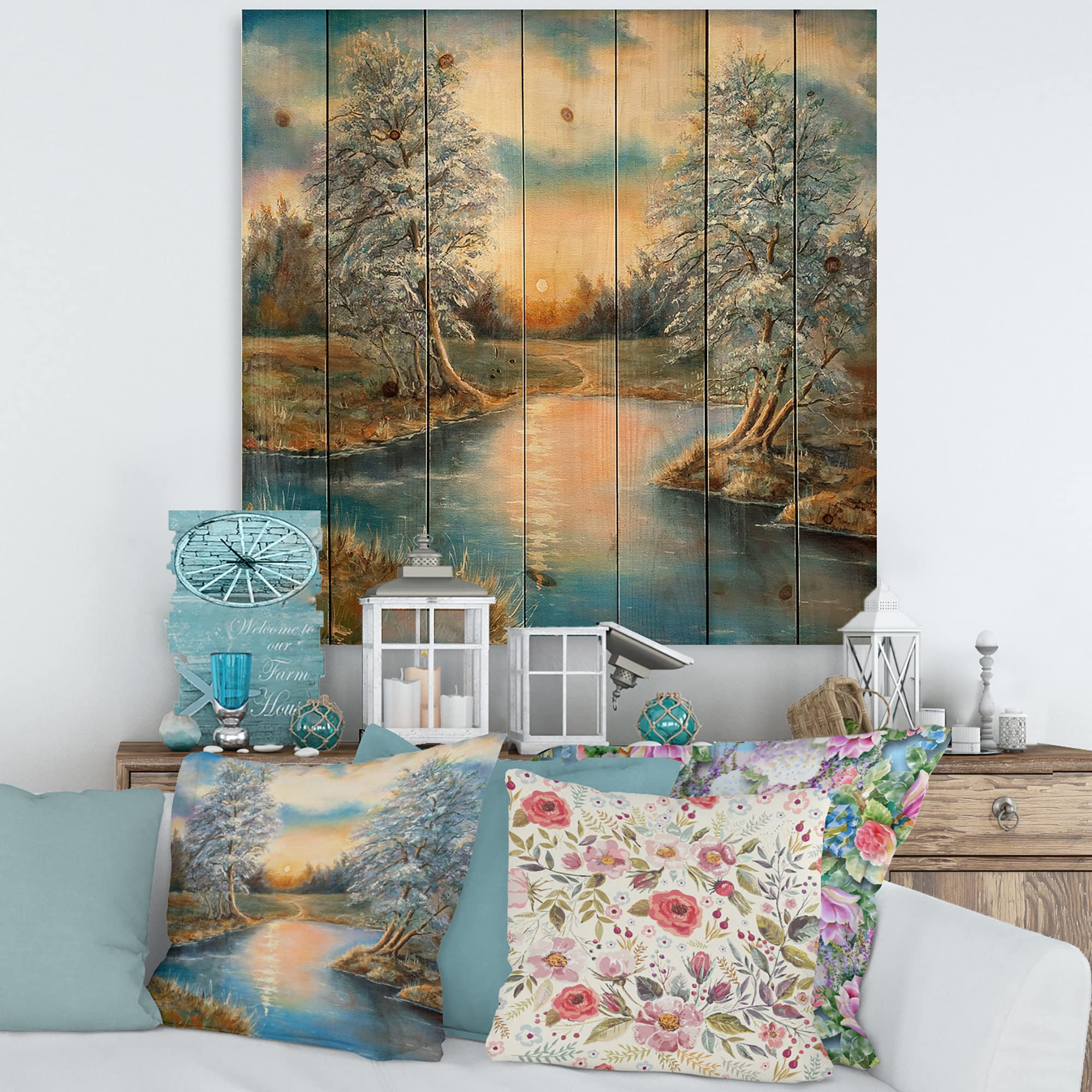 DesignQ Autumn Birch Forest Lake House Wood Wall Decor - Blue Landscape Wood Art Panel, Large Pine Wood Wall Art for Living Room, Bedroom & Office Decor