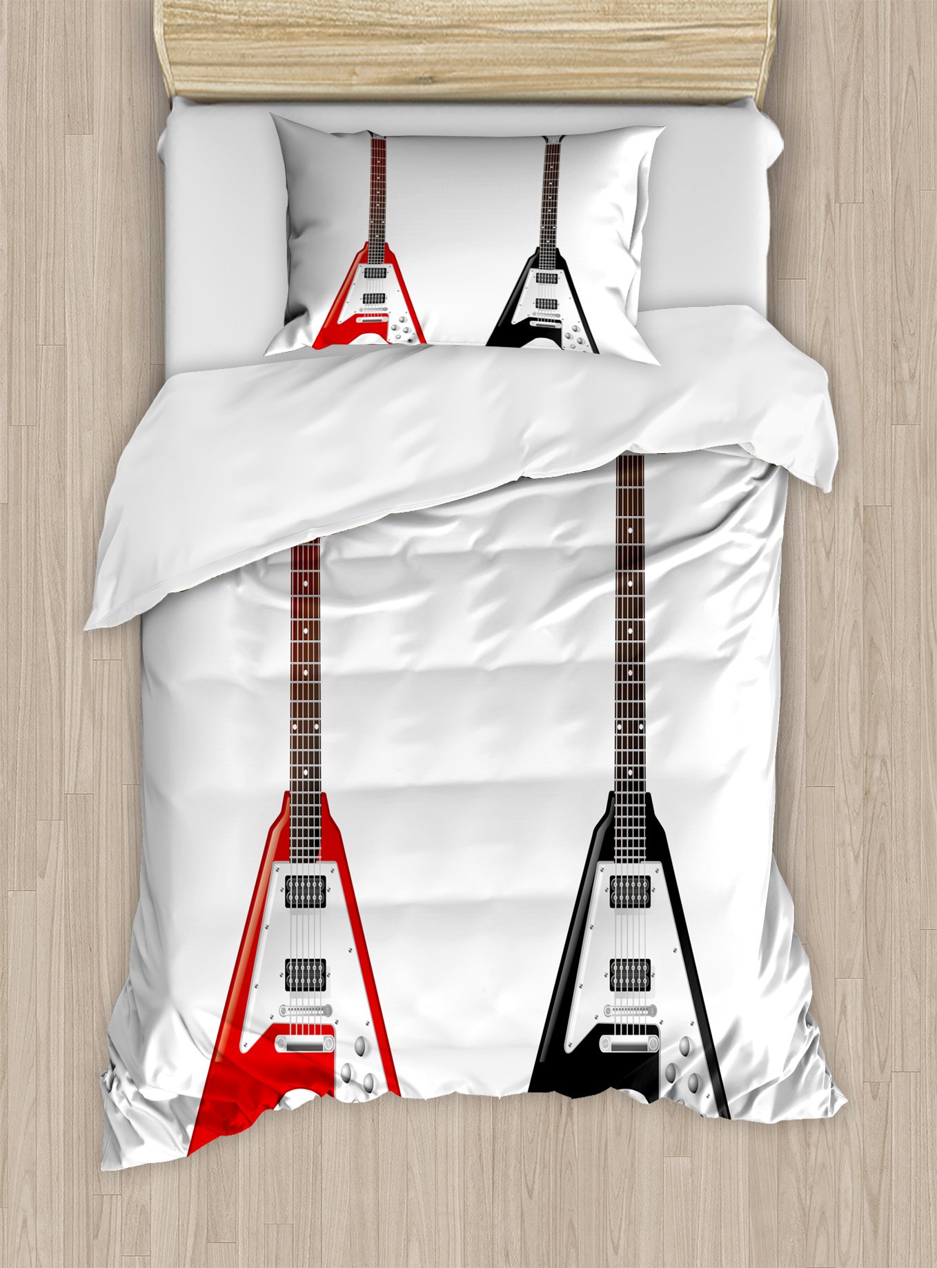 Ambesonne Guitar Duvet Cover Set - Rock Music Inspired V-Shaped Design with Colorful Strings, 2-Piece Twin Size Bedding with Pillow Sham - Perfect for Music Lovers' Bedroom Decor & Rock Theme Room Design