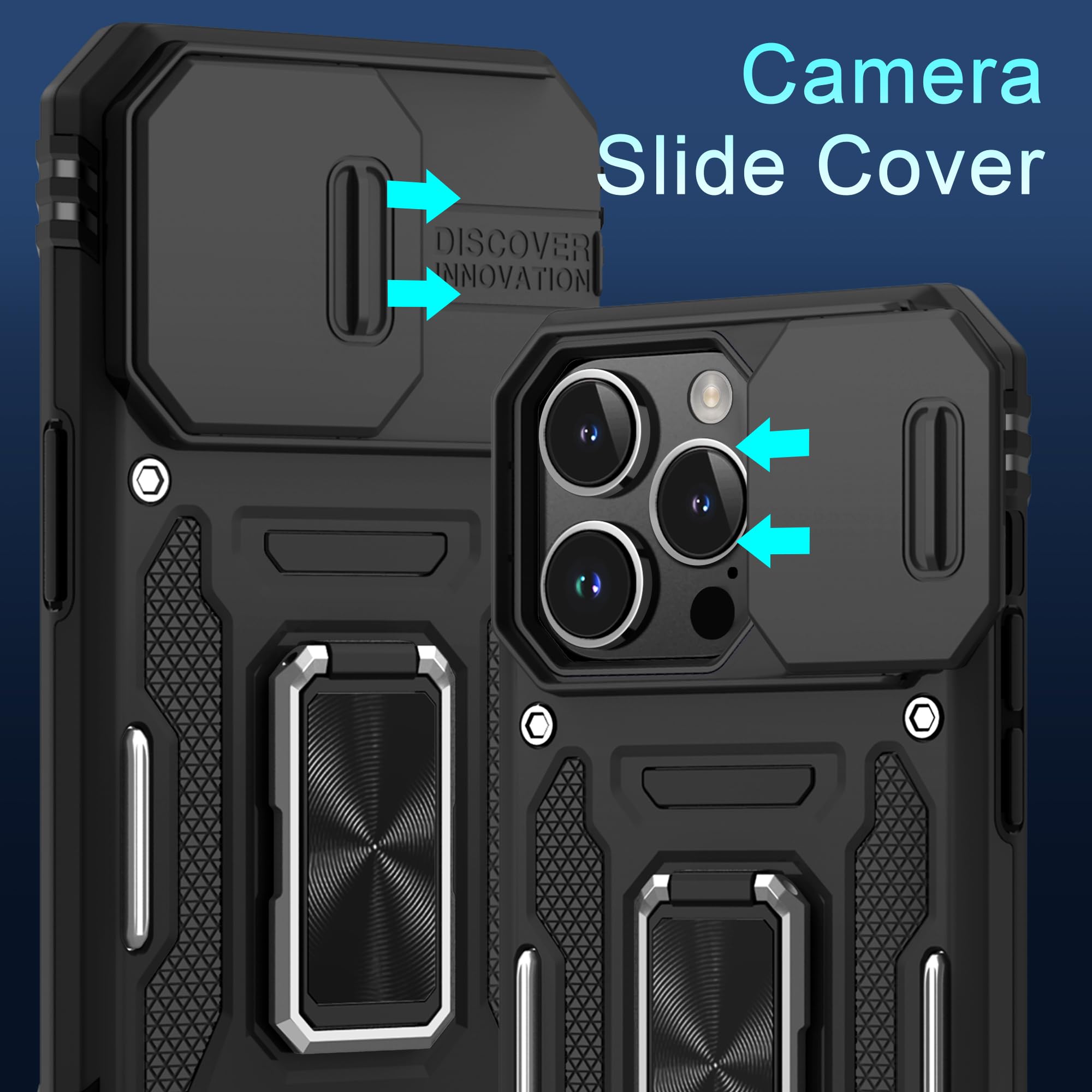 DEERLAMN iPhone 15 Pro Max Case with Slide Camera Cover & Screen Protector (6.7 Inch) - Military Grade Shockproof Protective Cover with Rotating Ring Kickstand - Black | Perfect for Outdoor Activities, Travel & Daily Protection