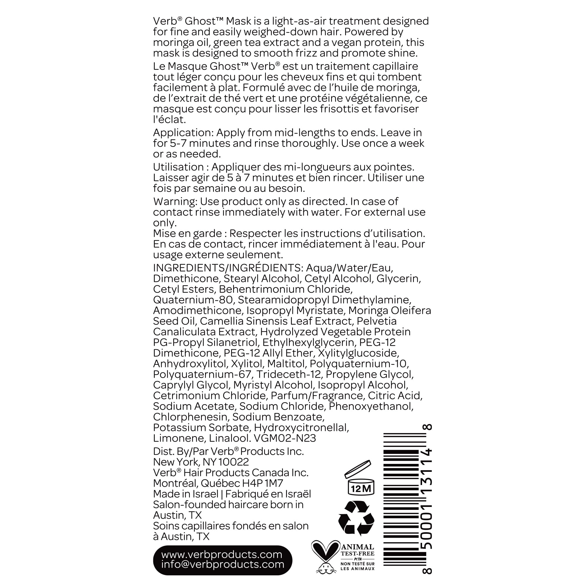 VERB Ghost Hair Mask - Vegan Deep Conditioning Treatment for Damaged Hair - Hydrating Hair Repair Mask with Moringa Oil to Defrizz & Boost Shine (6.3 fl oz) - Perfect for Dry, Frizzy Hair at Home or Salon Use