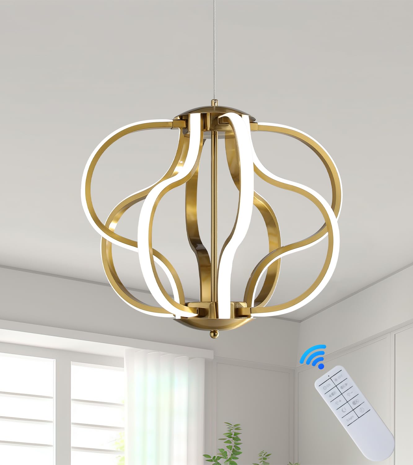 Modern Gold LED Chandelier with Remote Control - Dimmable 8-Light Hanging Pendant Fixture with 3 Color Temperatures (3000K/4000K/6000K) for Dining Room, Foyer, Entryway, Kitchen & Living Room - Elegant Lighting Solution for Home Decor & Interior Design