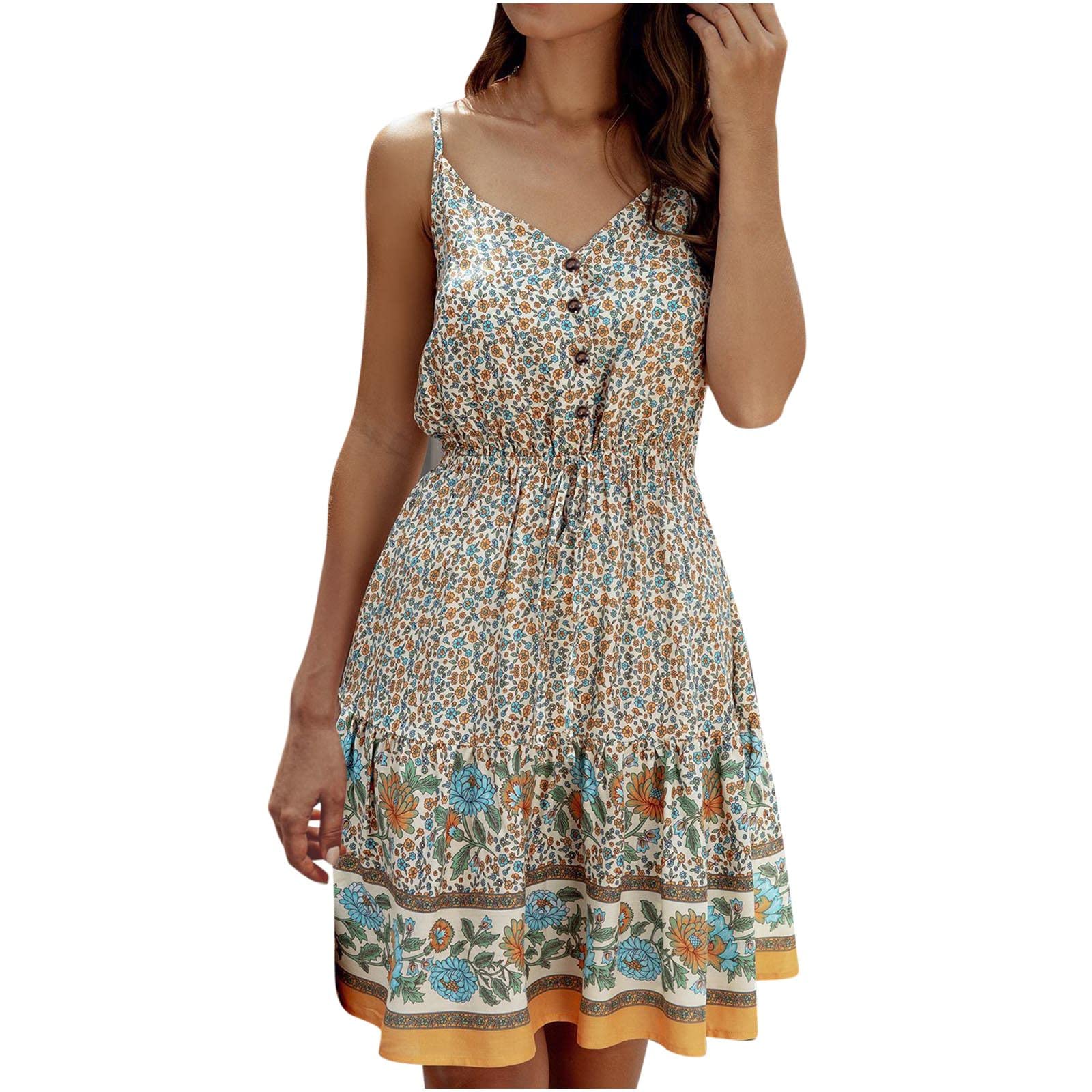 BOXIACEY Women's Summer Dresses 2023 - Sexy Strapless Floral Print Sundress with Ruffles | Sleeveless Loose Fit Beach Dress for Vacation, Party & Date Night