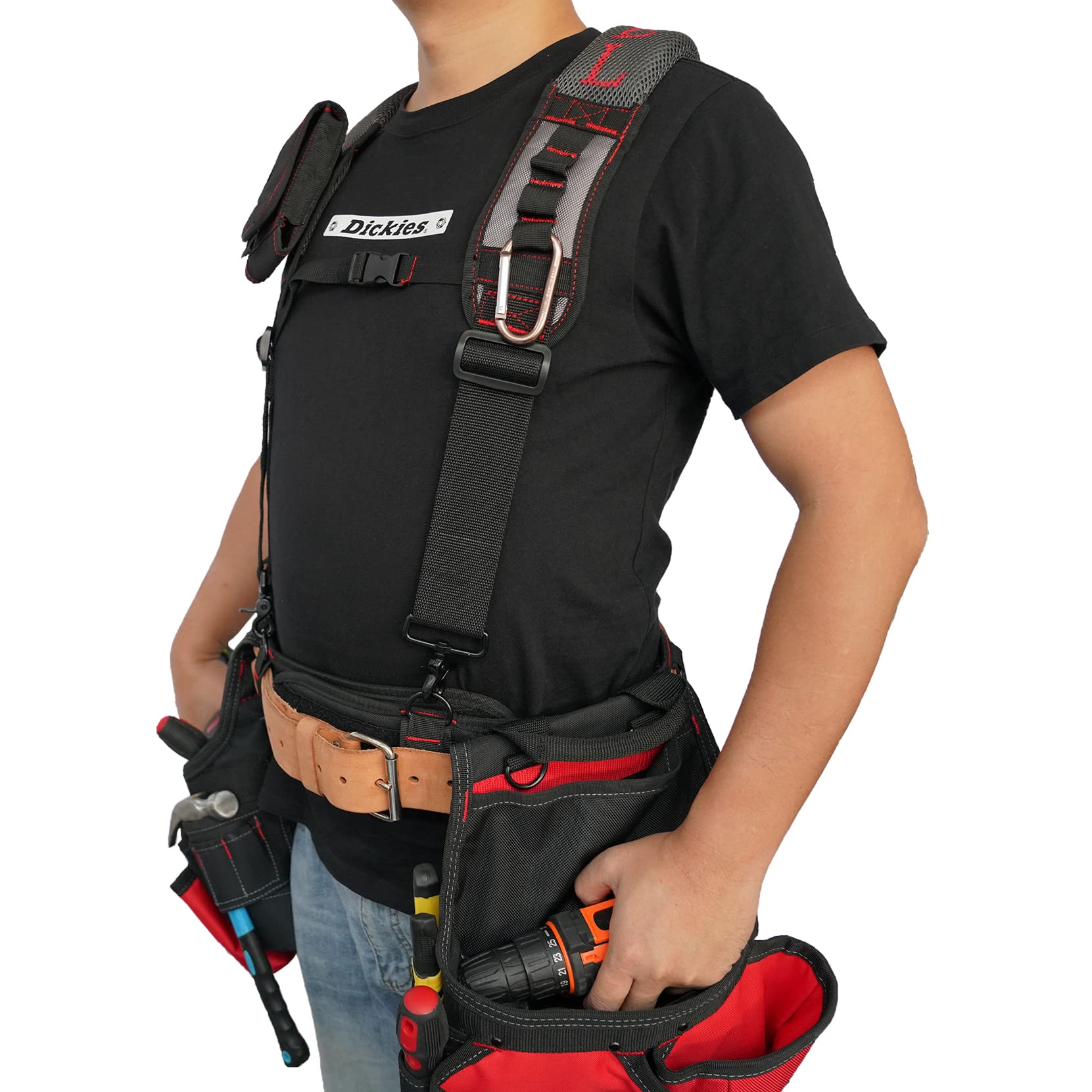 Premium MELOTOUGH Gel Padded Tool Belt Suspenders - Comfortable Work Belt with Gel Shoulder Pads for Electricians, Construction Workers & Carpenters | Heavy Duty Trigger Snap Hooks (Red) | Ideal for Job Sites, Home Renovations & DIY Projects