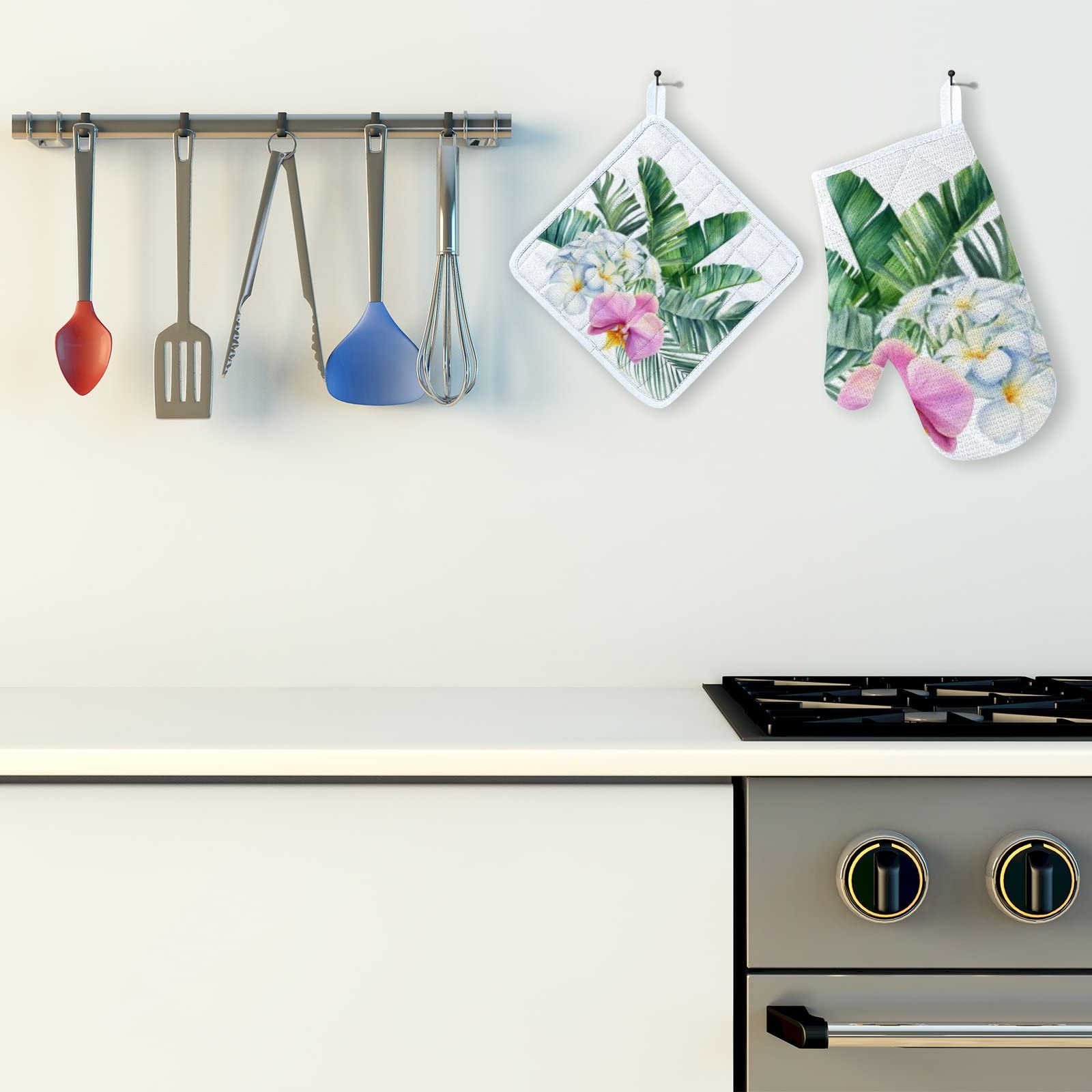 2-Piece Tropical Palm Leaf Watercolor Oven Mitts & Pot Holders Set - Heat Resistant Kitchen Gloves with Soft Cotton Lining & Non-Slip Surface for Cooking, Baking, Grilling, BBQ - Perfect for Holiday Gifts & Home Kitchen Essentials