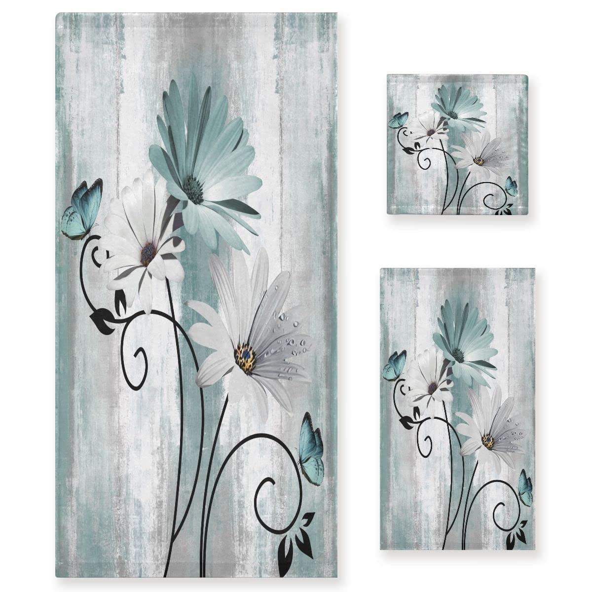 Premium 3-Piece Farmhouse Bath Towel Set - Teal Daisy Floral & Butterfly Design - Soft Absorbent Luxury Bath Towel, Hand Towel & Washcloth - Country Chic Decor for Bathroom & Kitchen - Perfect for Spa Days & Farmhouse Style Homes