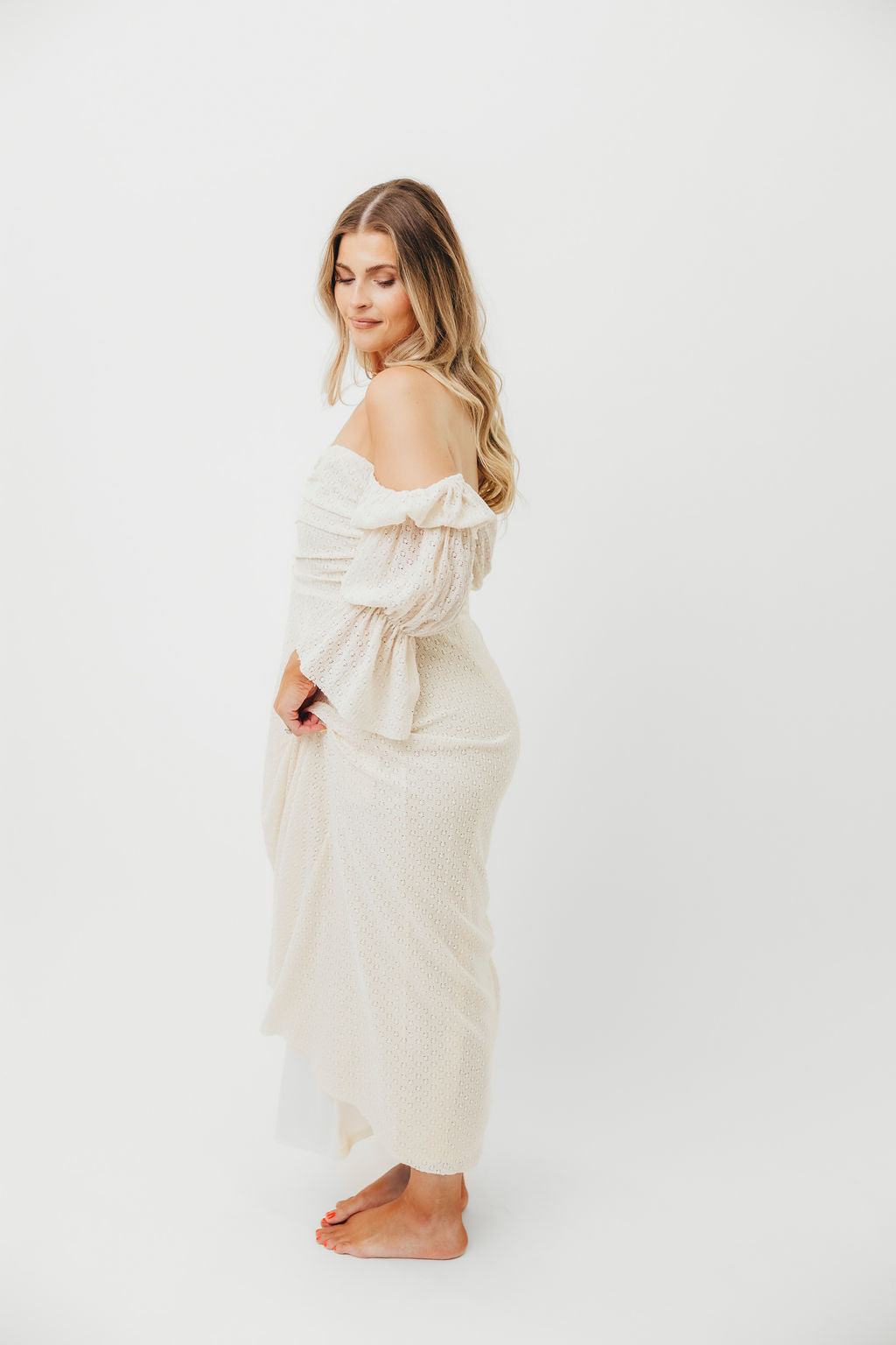 Corrine Tiered Sleeve Maxi Dress with Pockets in Ivory Cream - Bump Friendly Maternity Dress for Pregnancy, Nursing & Postpartum - Perfect for Baby Showers, Beach Vacations & Summer Weddings