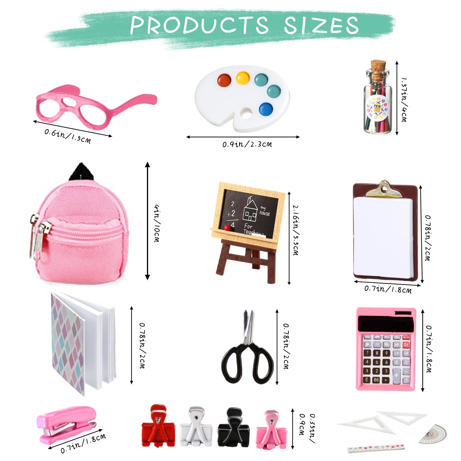 18 Piece Miniature Doll School Supplies Set - Backpack, Glasses, Blackboard, Mini Book, Palette, Paper, Clipboard, Clamp, Ruler, Scissors & Calculator - Perfect for Dollhouse Play & Educational Pretend Play Scenes