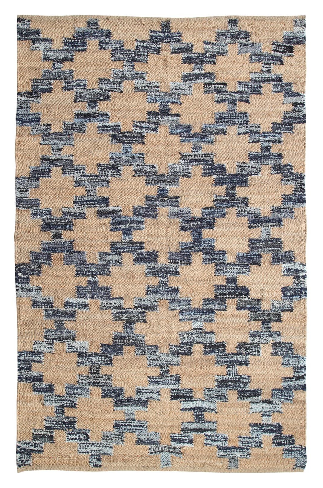 Handmade Jute & Cotton Area Rug - Sun Trellis Diamond Chevron Pattern, Natural Fiber, 6x9 Feet, Denim Jute - Perfect for Boho Living Room, Bedroom or Nursery Decor