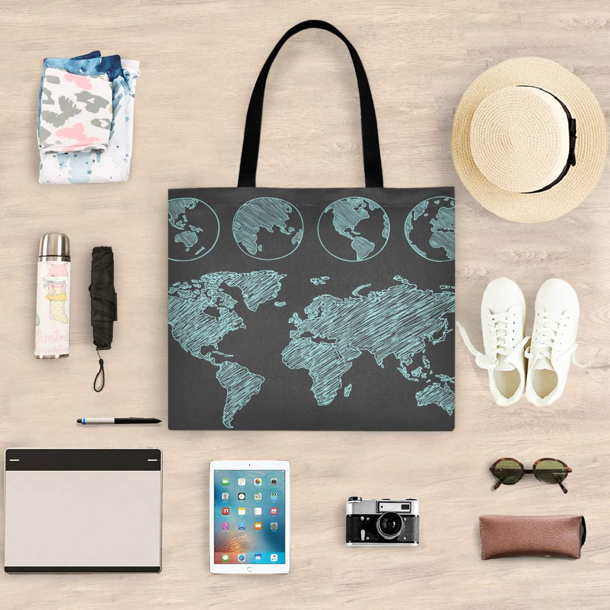 Visesunny Large Waterproof Tote Bag with Inner Pockets - Stylish World Map Floral Design for Gym, Beach, Travel & Everyday Use - Durable Shoulder Bag for Women & Men