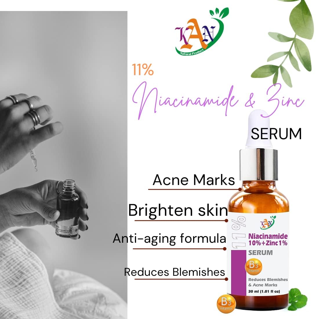 Kan Natural 10% Niacinamide + 1% Zinc Face Serum for Men & Women - Reduces Blemishes, Acne Marks & Pores - Brightening & Hydrating Formula - 30ml (Pack of 2) - Perfect for Daily Skincare Routine & Acne-Prone Skin