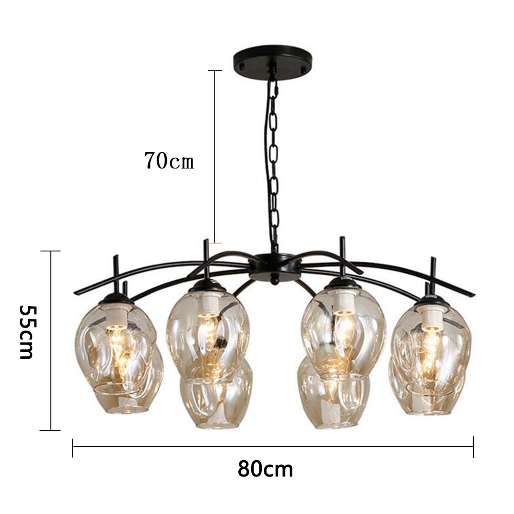 Modern 8-Lights Chandelier with Clear Cognac Glass Shades & Black Iron Frame - Elegant Island Lighting for Dining Room, Living Room, Cafe, Bar - Perfect for Home Decor, Restaurant Ambiance, and Commercial Spaces