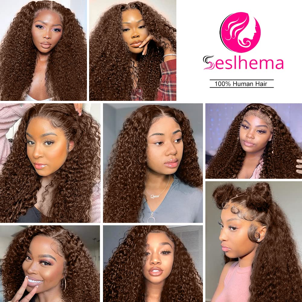 13x6 HD Transparent Lace Front Human Hair Wig - 200% Density Mongolian Curly Deep Auburn Brown with Baby Hair | Natural Chocolate Curly Lace Wig for Women | Perfect for Cosplay, Daily Wear & Special Occasions