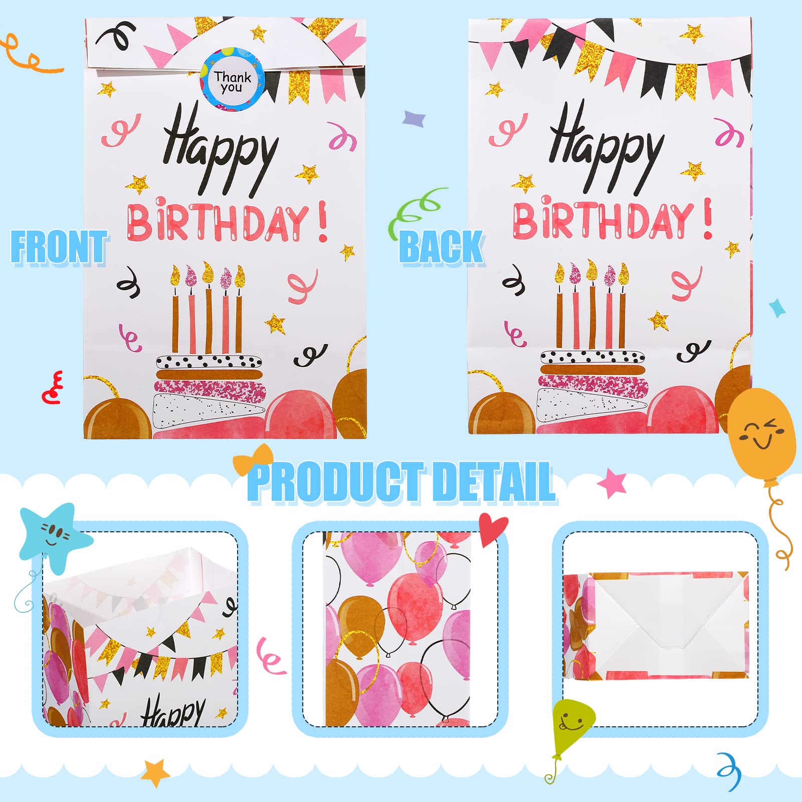 24-Piece Birthday Party Favor Gift Bags with Seal Stickers - Bulk Goodie Bags for Candy, Treats & Small Gifts - Perfect for Birthday Parties, Baby Showers & School Events