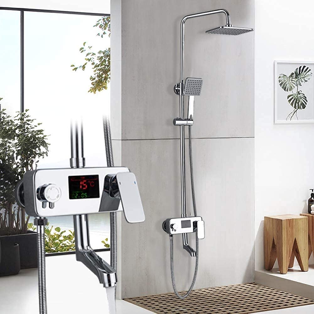 ZCYXQR Digital Display Rainfall Shower System - 8 Inch Chrome Wall Mounted Shower Mixer Set with Rotatable Tub Spout & Handheld Showerhead for Modern Bathroom Upgrade | Perfect for Master Bath, Spa-Like Experience & Water Saving
