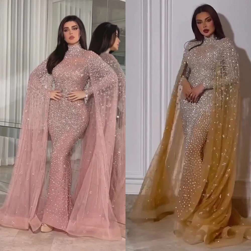 Serene Hill Luxury Muslim Gold Mermaid Evening Dress with Elegant Cape Sleeves & Beaded Details - Dubai Style Formal Gown for Women 2025 | Perfect for Weddings, Galas & Special Occasions