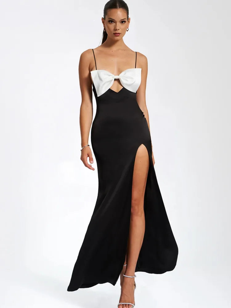 Elegant Premium Satin Christmas Party Dress for Women - Sexy Open Back Bodycon Long Dress with High Slit, Perfect for Evening Gala, Holiday Party & Special Occasions
