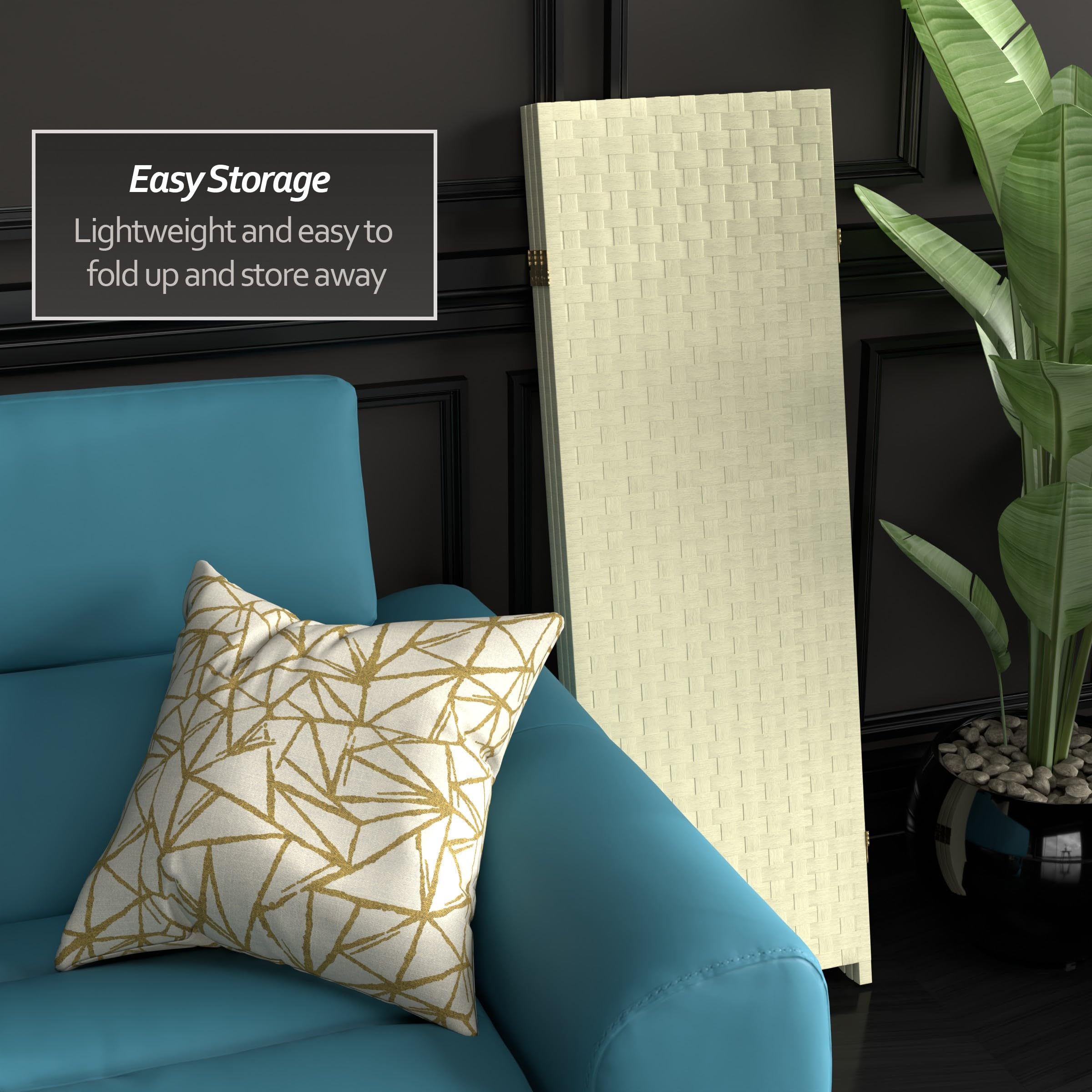 4 ft. Short Woven Fiber Folding Room Divider Screen - Cream - 3 Panel Privacy Partition for Home, Office, or Studio Decor
