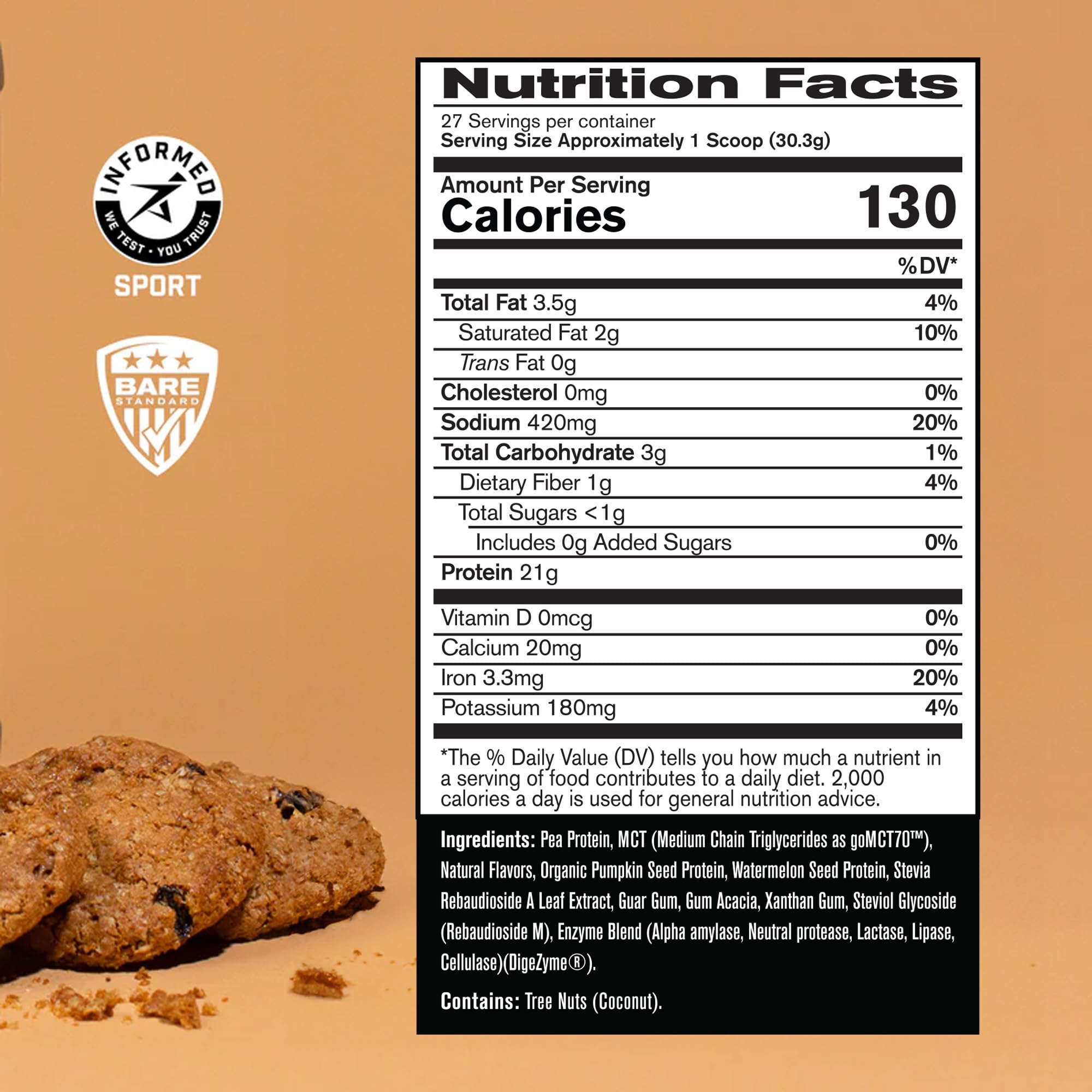 Bare Performance Nutrition Vegan Protein Powder - Plant Based Pea, Watermelon & Pumpkin Protein, Naturally Sweetened Oatmeal Cookie Flavor (27 Servings) | Post-Workout Recovery & Healthy Breakfast Smoothies