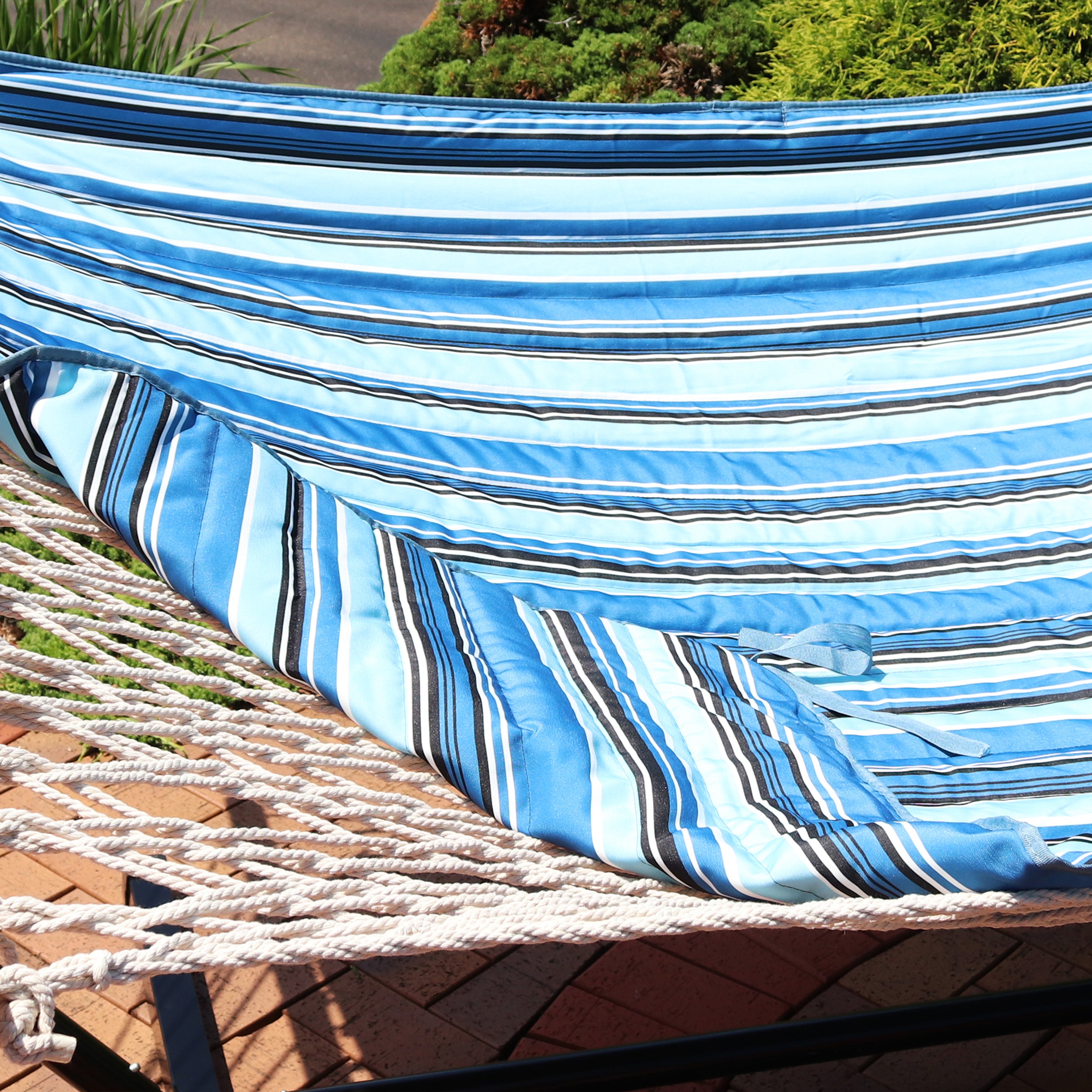 Premium Sunnydaze Rope Hammock with 12-Foot Steel Stand, Comfortable Pad & Pillow - Perfect for Backyard Relaxation, Beach Lounging & Outdoor Camping