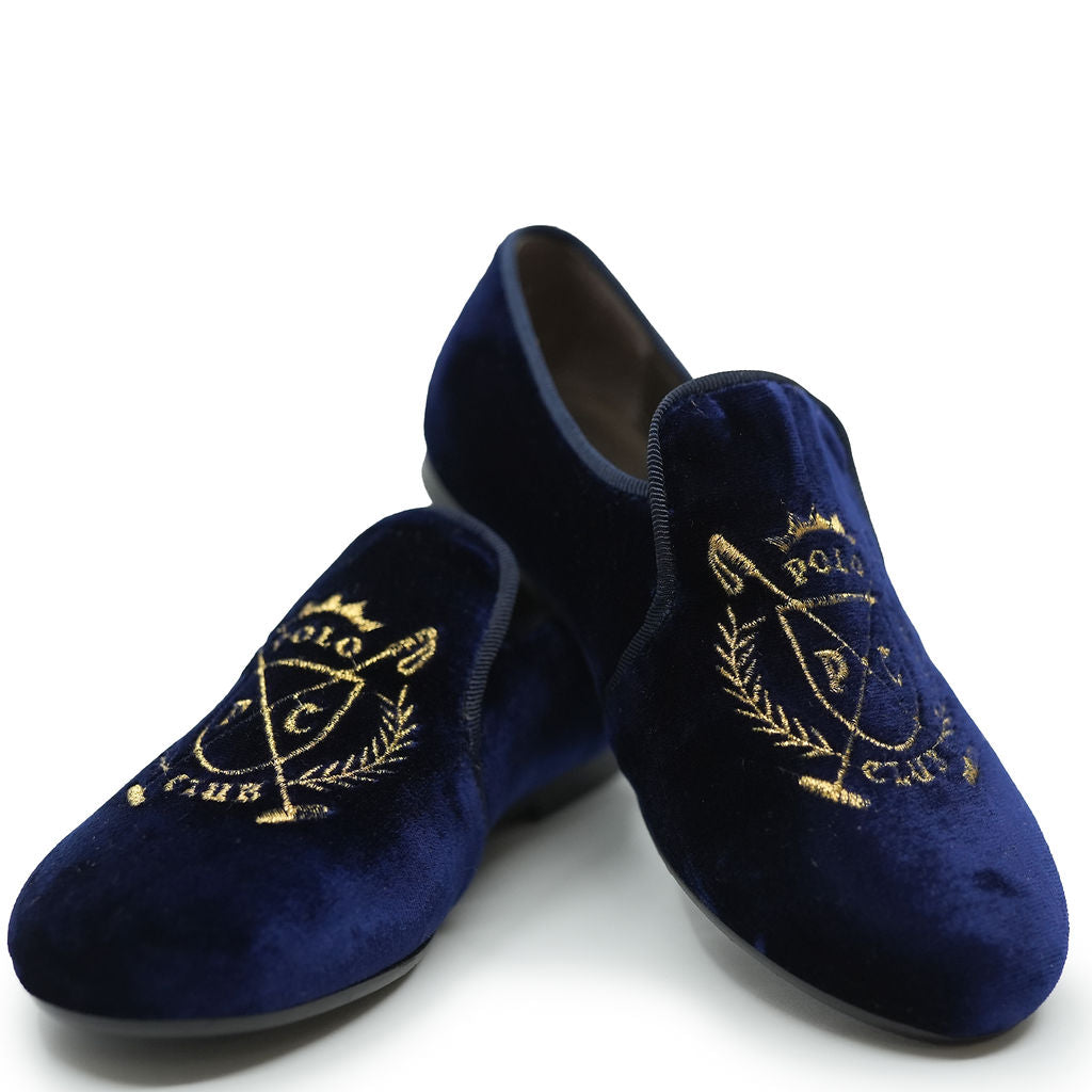 Navy Velvet Polo Club Embroidered Smoking Loafers for Men - Classic Embroidered Slip-On Dress Shoes for Casual & Formal Occasions - Perfect for Weddings, Parties and Office Wear