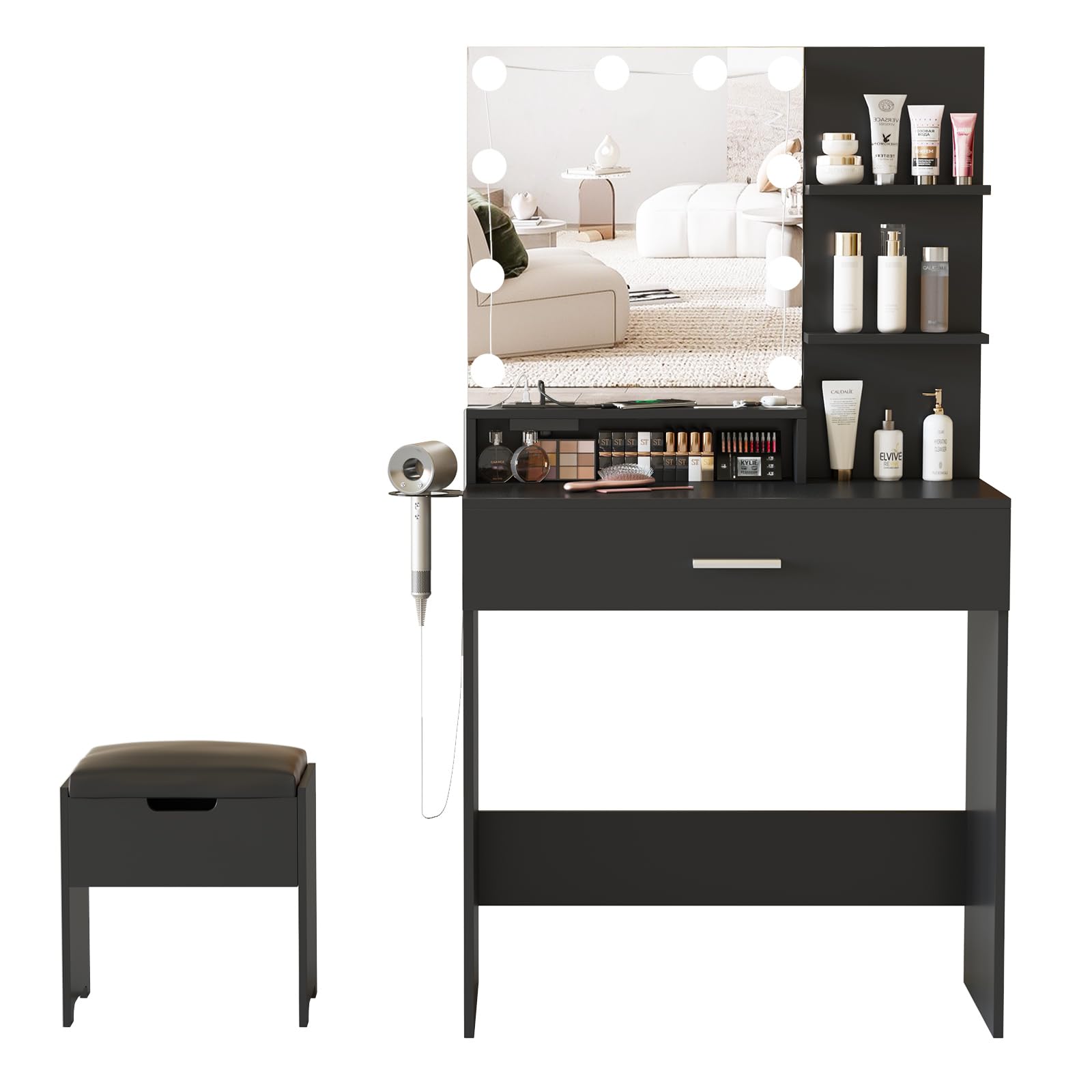 Fameill Makeup Vanity Table with LED Lighted Mirror & USB Charging Station, Black Vanity Desk Set with 3 Lighting Modes & Adjustable Brightness - 31.5 Inch Wide for Bedroom, Dressing Room & Home Beauty Salon