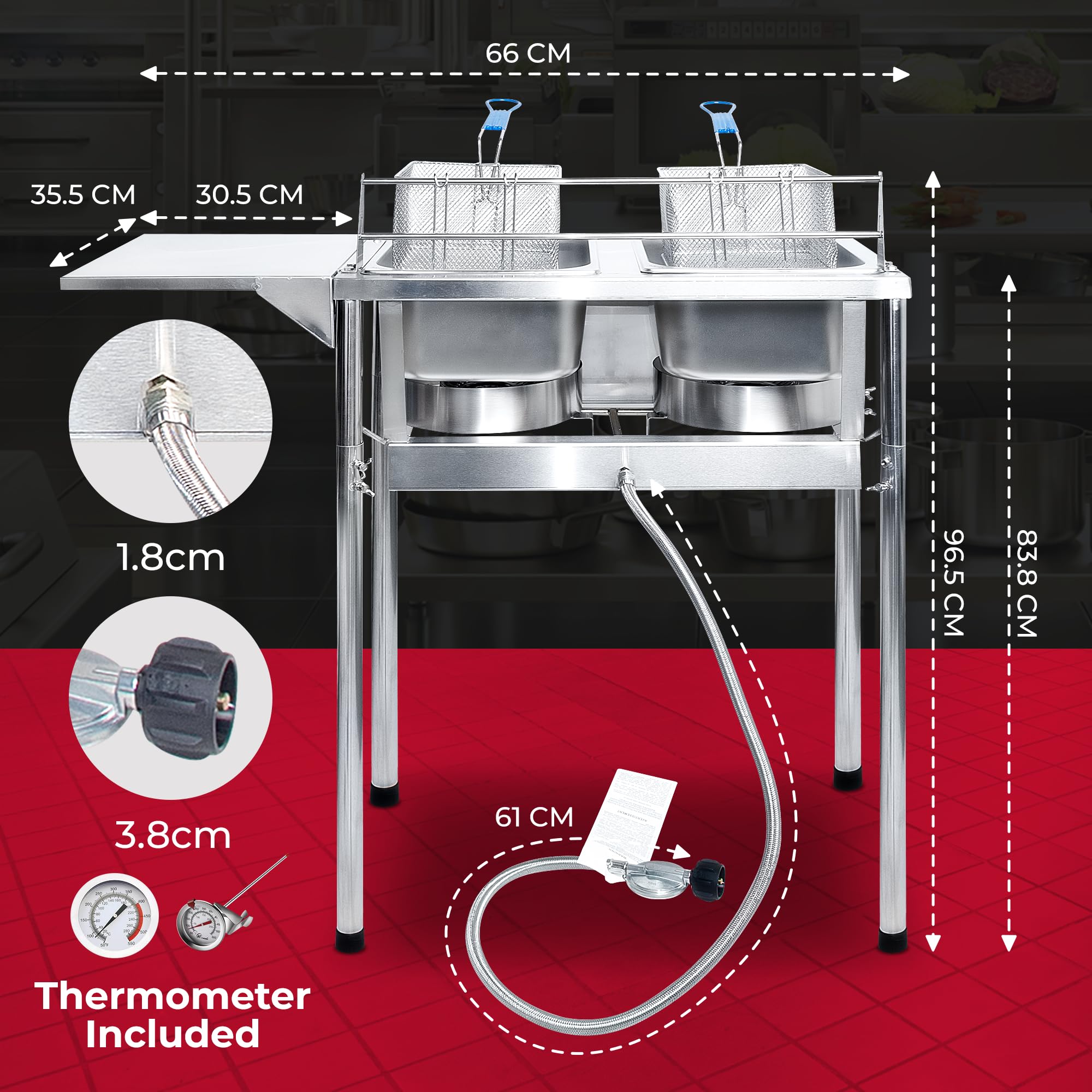 Commercial Grade Two Tank Outdoor Propane Deep Fryer with Thermometer - 2 Stainless Steel Baskets & Lid Covers - High Capacity Oil Tank with Adjustable Regulating Knobs | Perfect for Backyard BBQs, Tailgating, and Outdoor Cooking Events