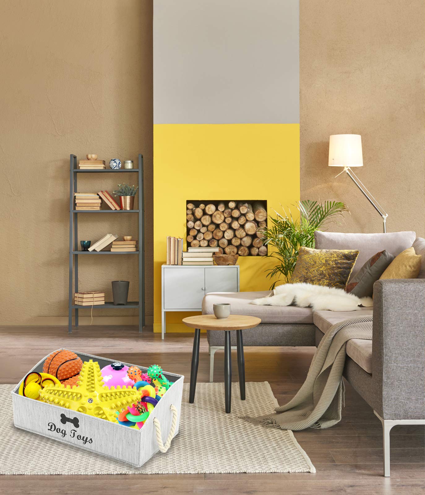 Geyecete Large Foldable Dog Toy Storage Bin - Collapsible Fabric Trapezoid Organizer Box with Woven Rope Handle for Shelves | Pet Clothes & Accessories Organizer | Perfect for Dog Toys, Leashes & Grooming Supplies (Gray-Dog Pattern)