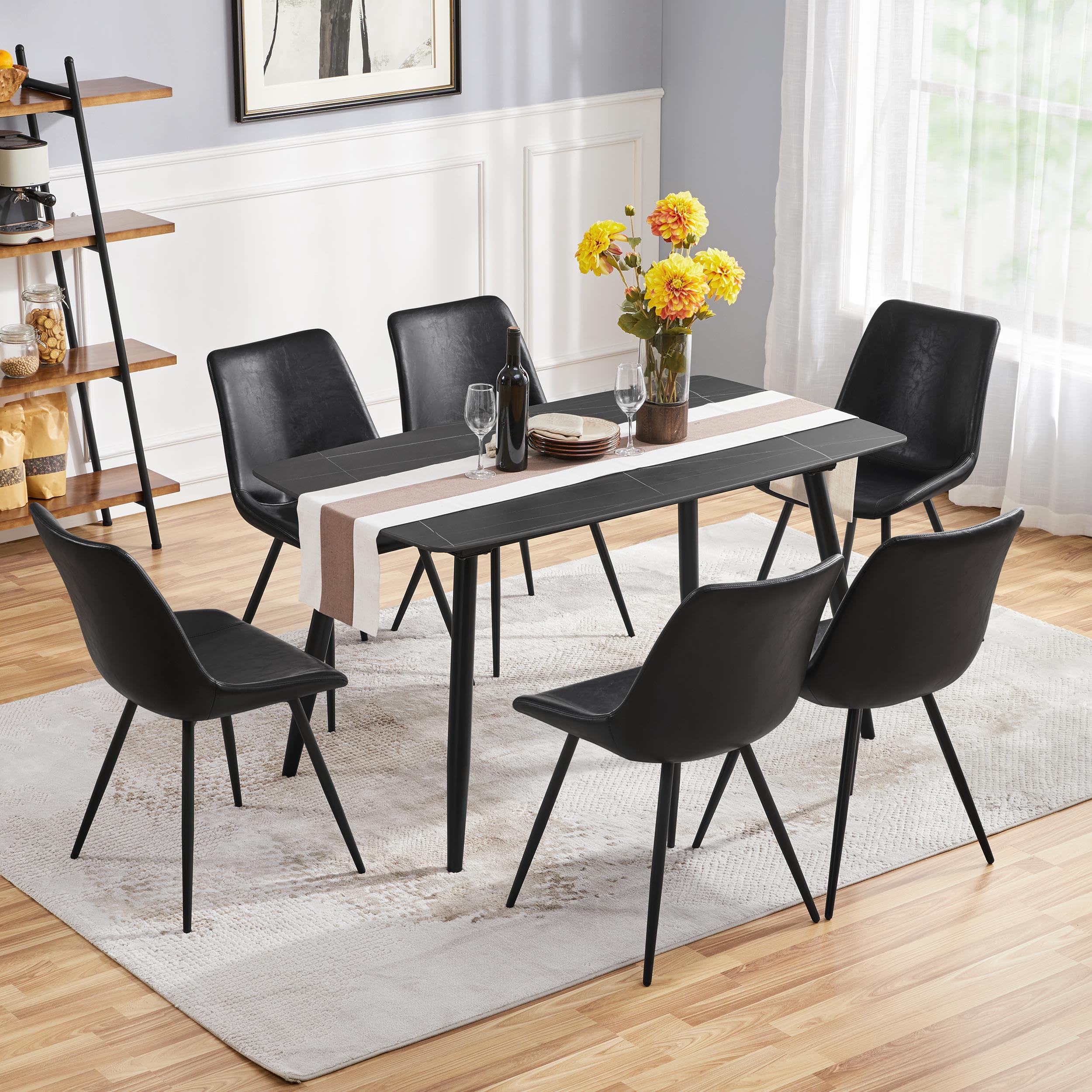 Yaheetech Mid Century Modern Dining Chairs Set of 6 - Black Faux Leather Upholstered Kitchen Chairs with Metal Legs - Perfect for Dining Room, Kitchen, Restaurant & Home Decor
