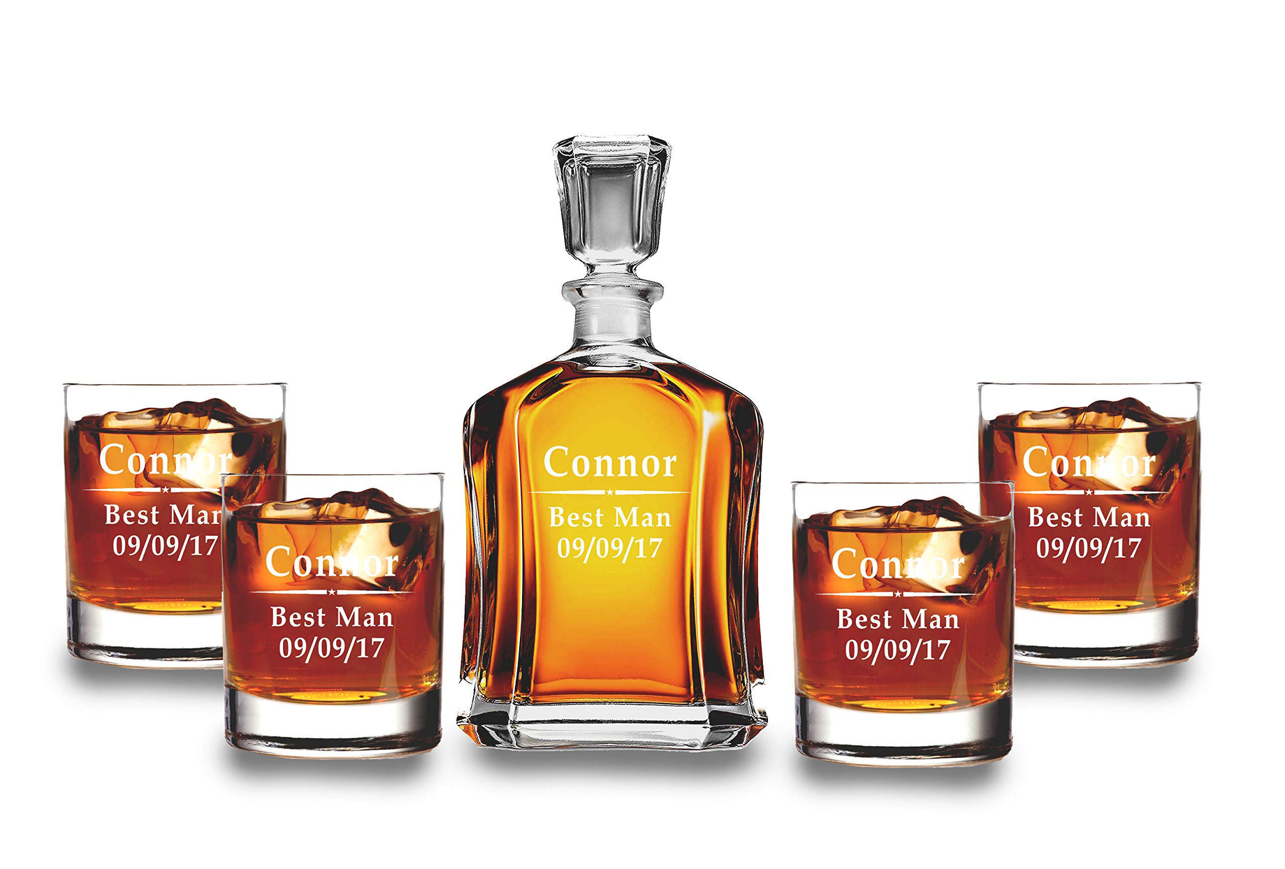 Personalized Engraved Whiskey Decanter Set with Wooden Box - Bourbon & Scotch Decanter with 4 Glasses, Round Design Gift for Men - Perfect for Home Bars, Weddings & Anniversary Gifts