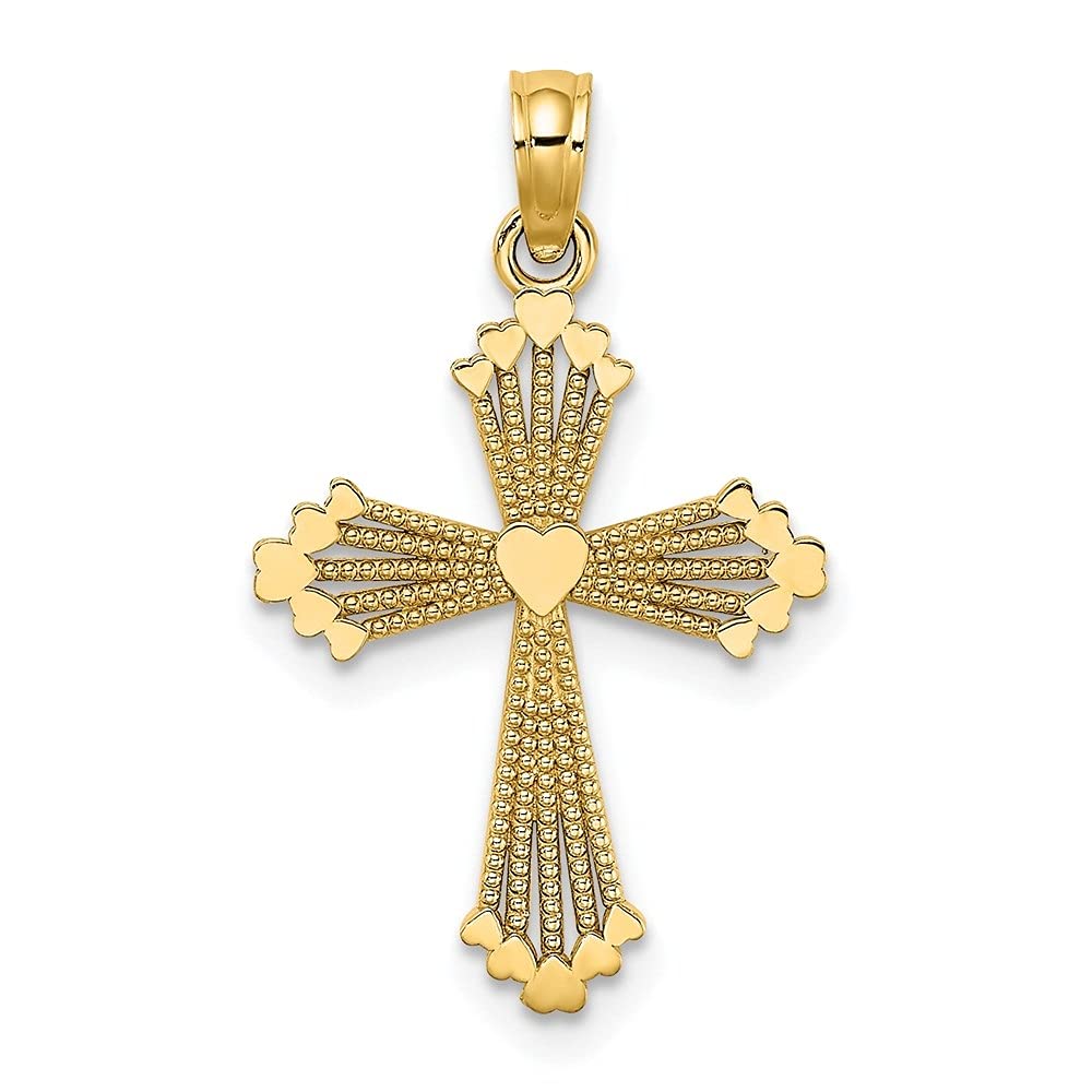 14K Yellow Gold Cut-Out Stripes Cross Heart Charm Pendant Necklace for Women - Elegant Layering Jewelry for Everyday Wear & Special Occasions