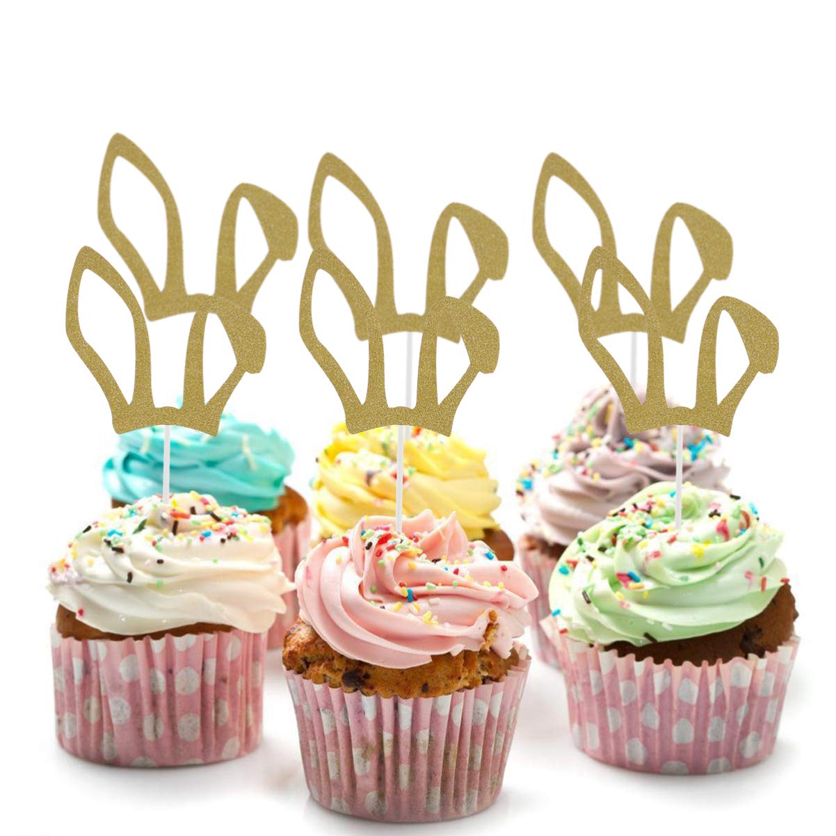 Bestoyard 12pcs Golden Glitter Bunny Ear Cake Toppers - Easter Cupcake Decorations, Rabbit Cake Picks for Easter Party, Baby Shower & Spring Celebrations